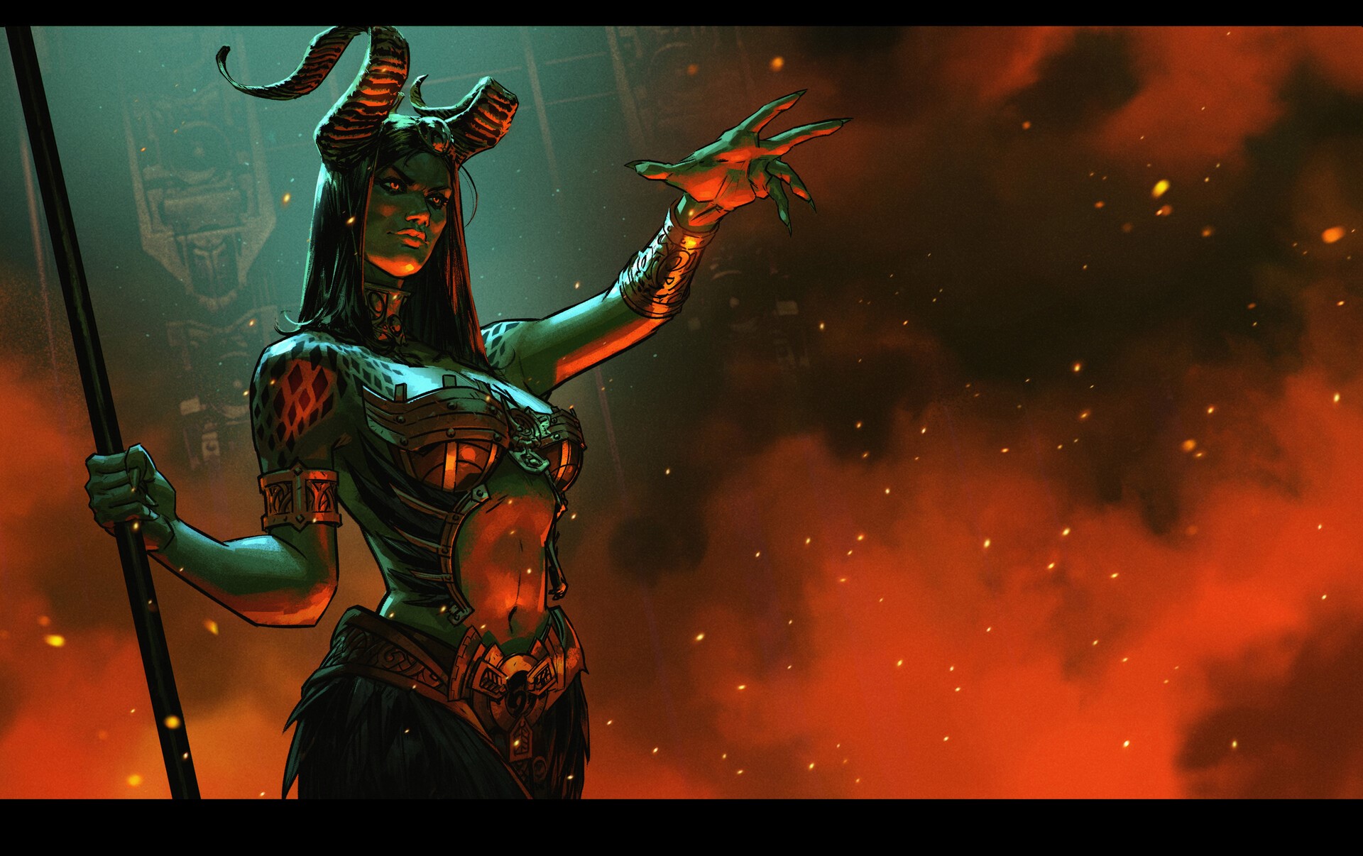 Green-skinned demoness with horns holding a staff HD Wallpaper