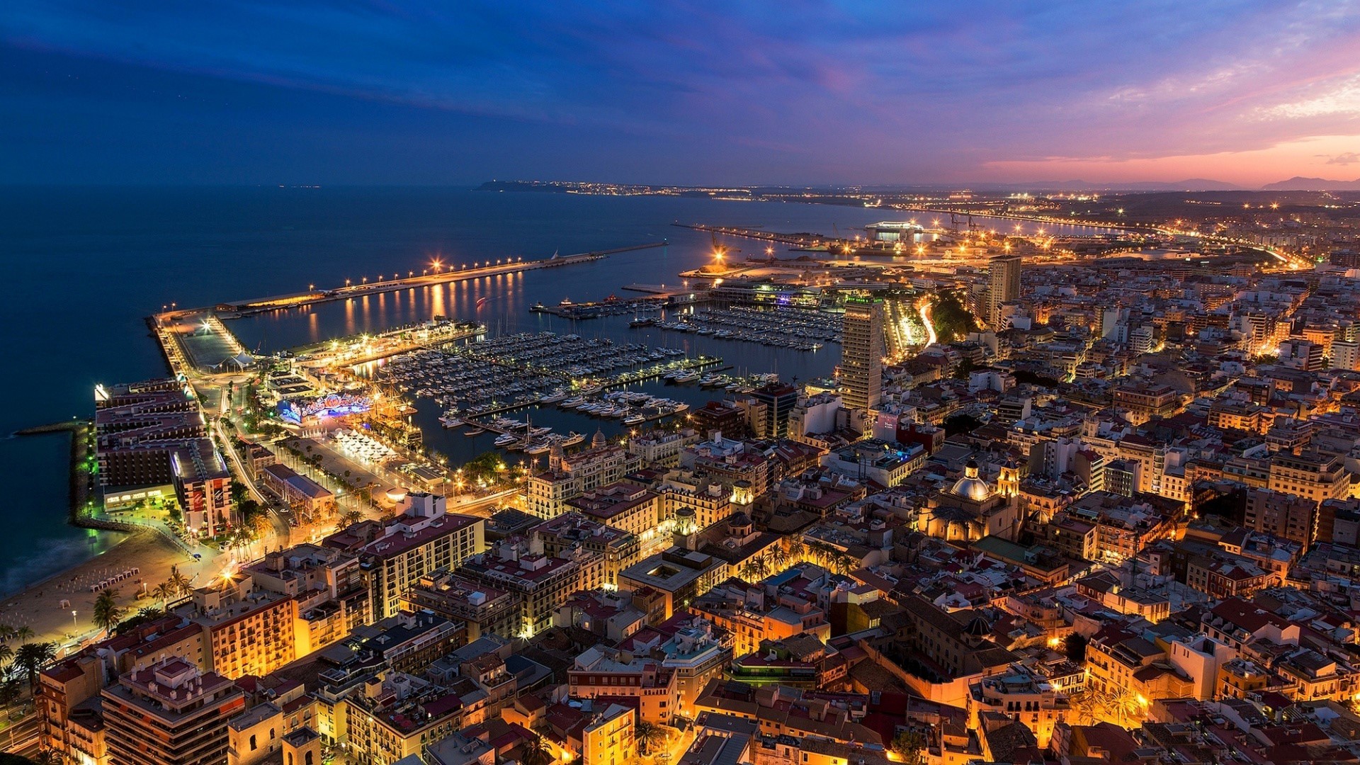 Alicante, Spain harbor and city lights at dusk HD Wallpaper
