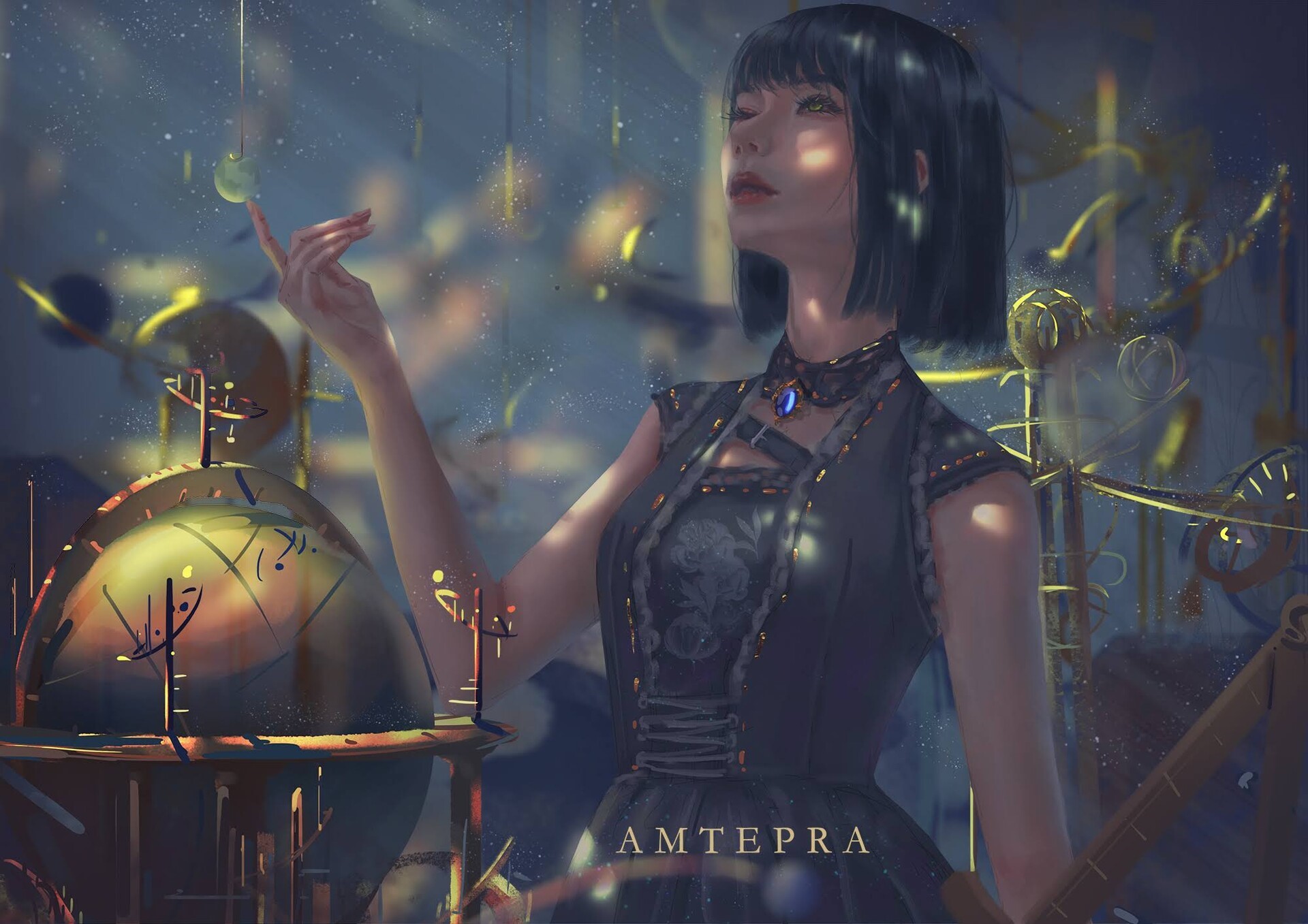 Woman in dark dress with celestial orrery HD Wallpaper
