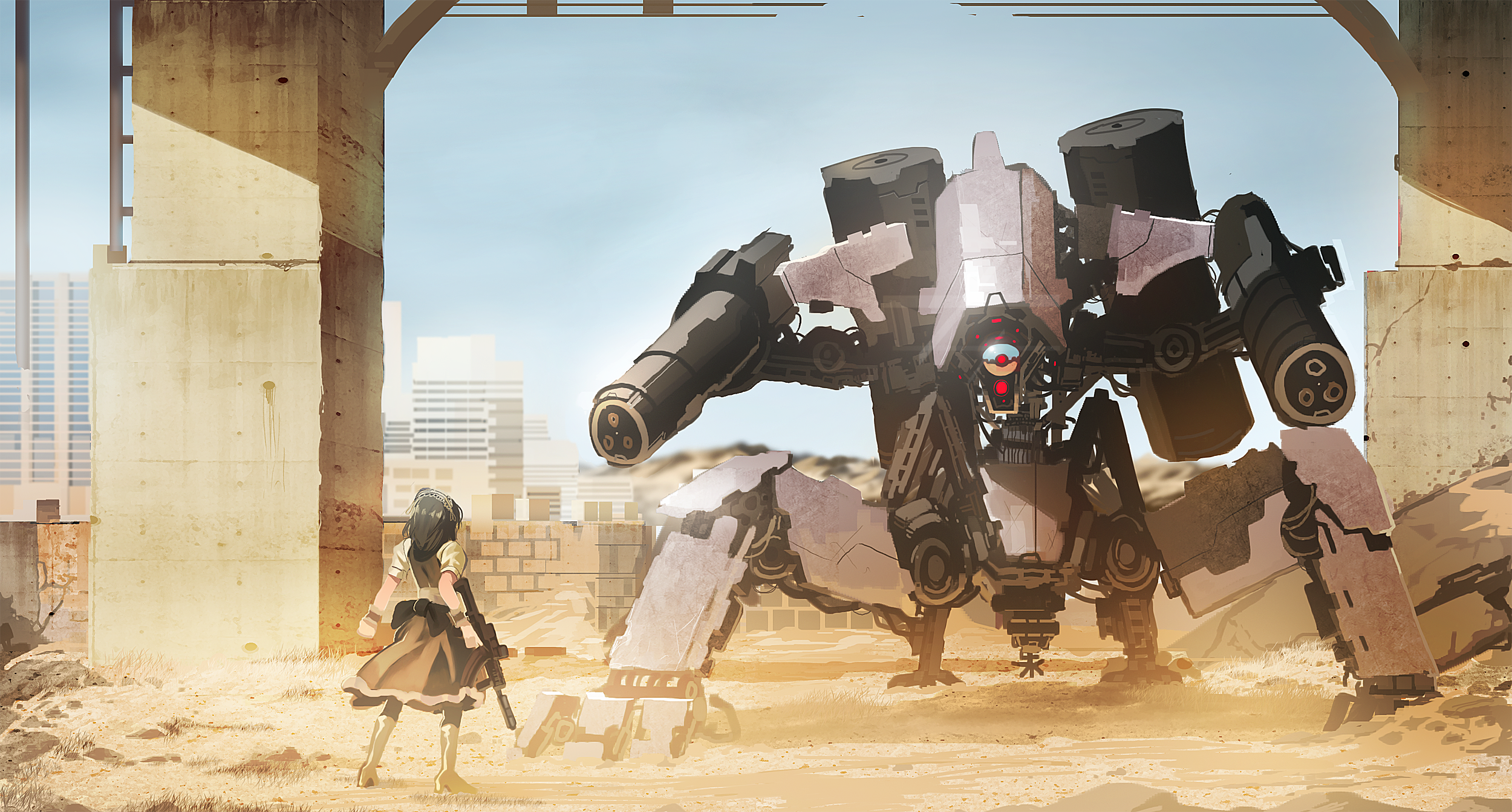 Girl with gun facing a giant robot in a ruined city HD Wallpaper