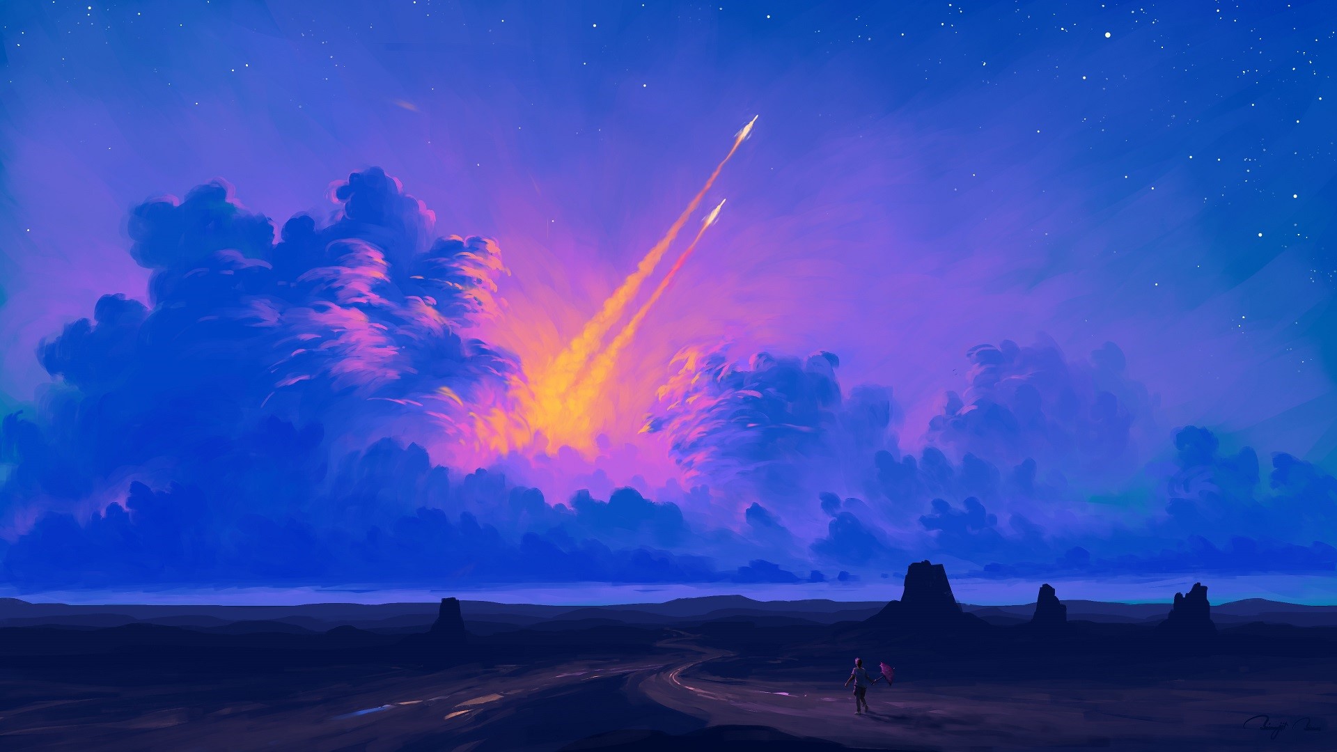 Digital painting of rockets launching into a colorful sky HD Wallpaper