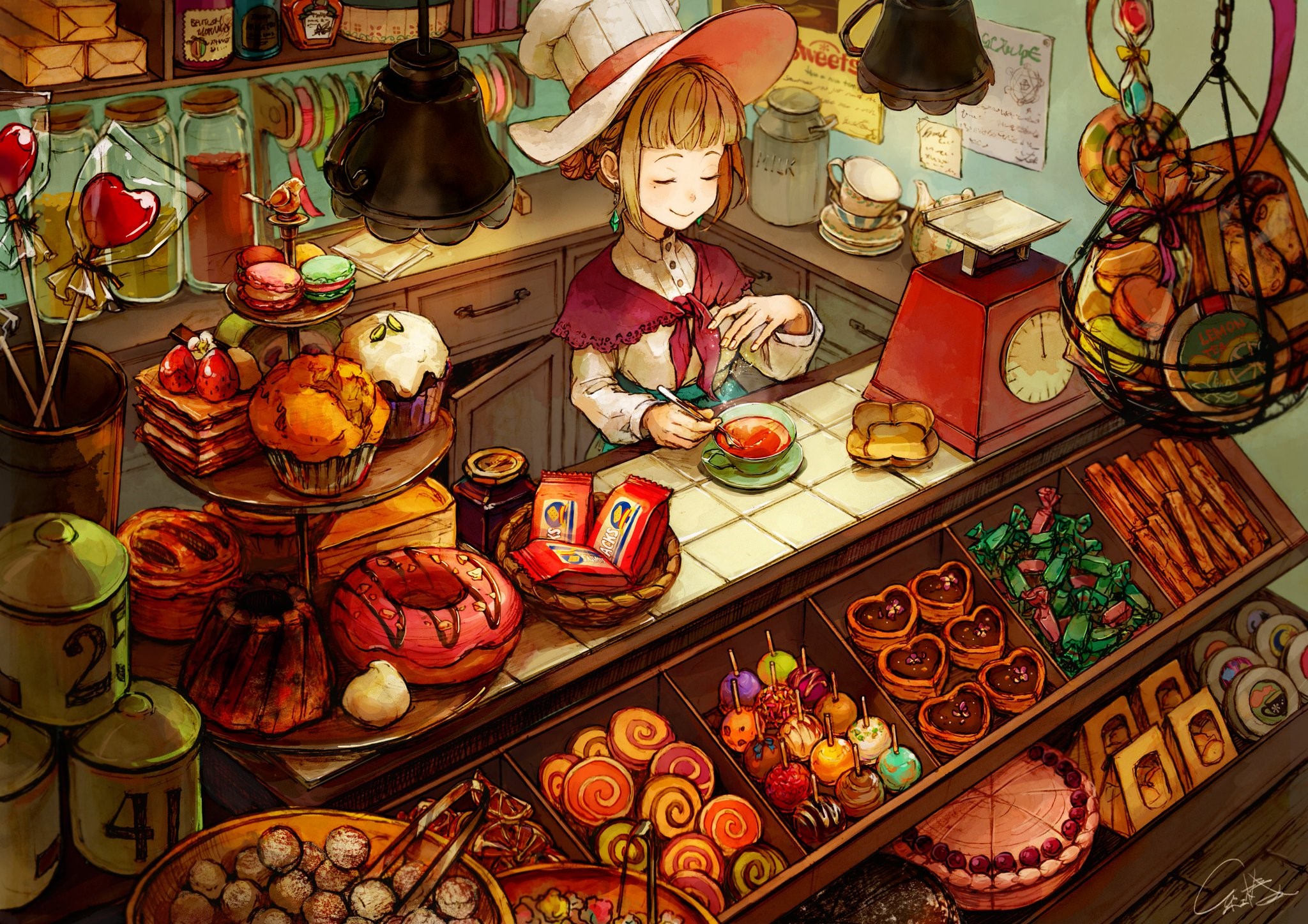 Woman working in a candy shop HD Wallpaper