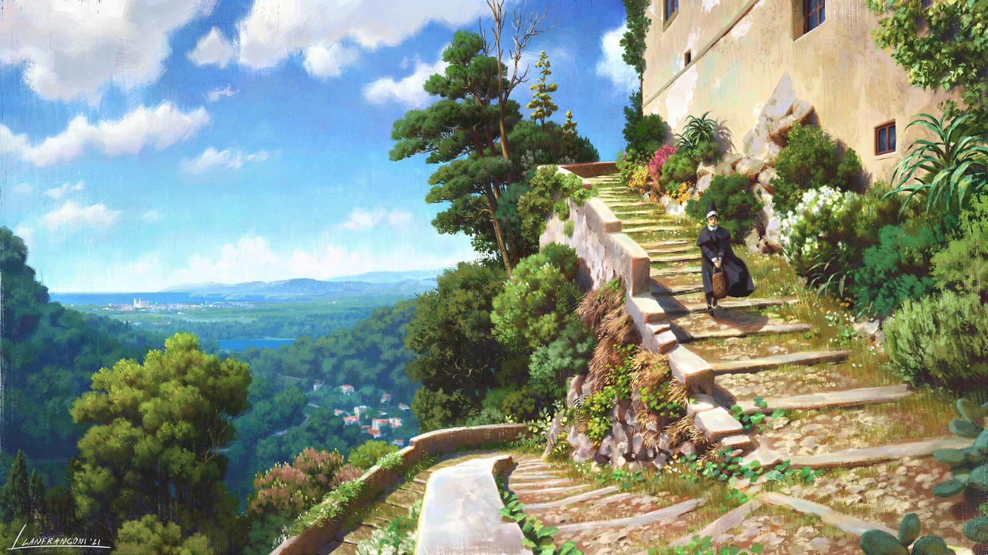 Woman in black walking up stone stairs in a garden HD Wallpaper