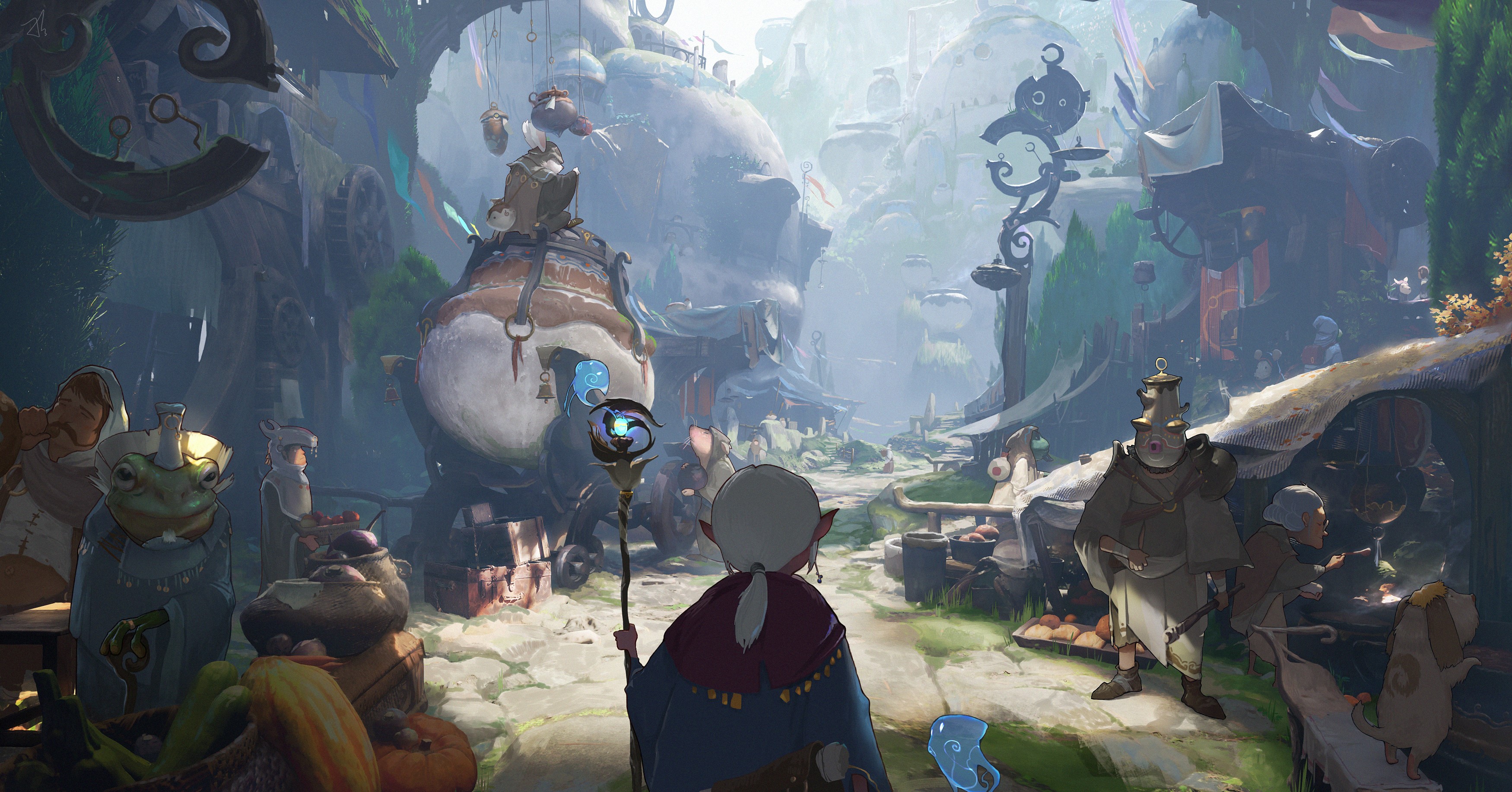Fantasy village market with elves and frog characters HD Wallpaper