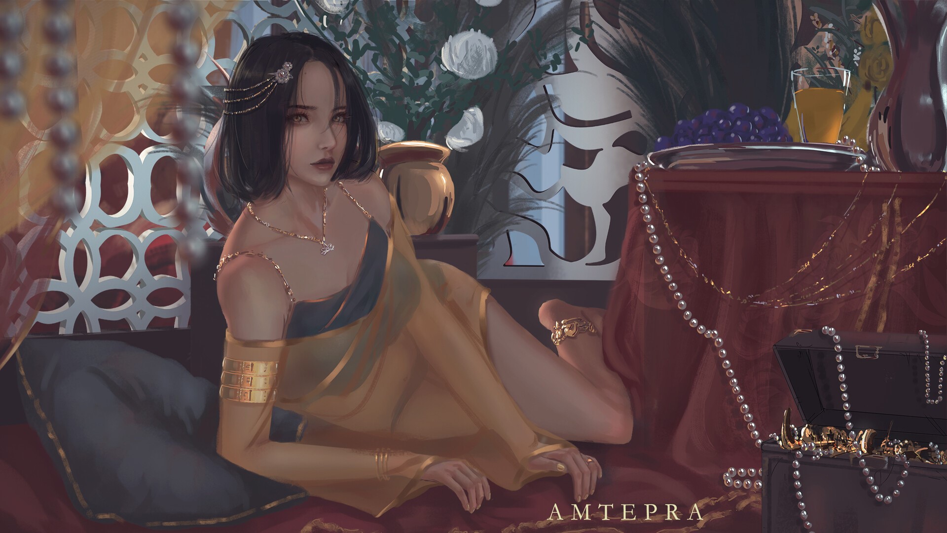 Woman in golden dress with jewelry and treasure chest HD Wallpaper