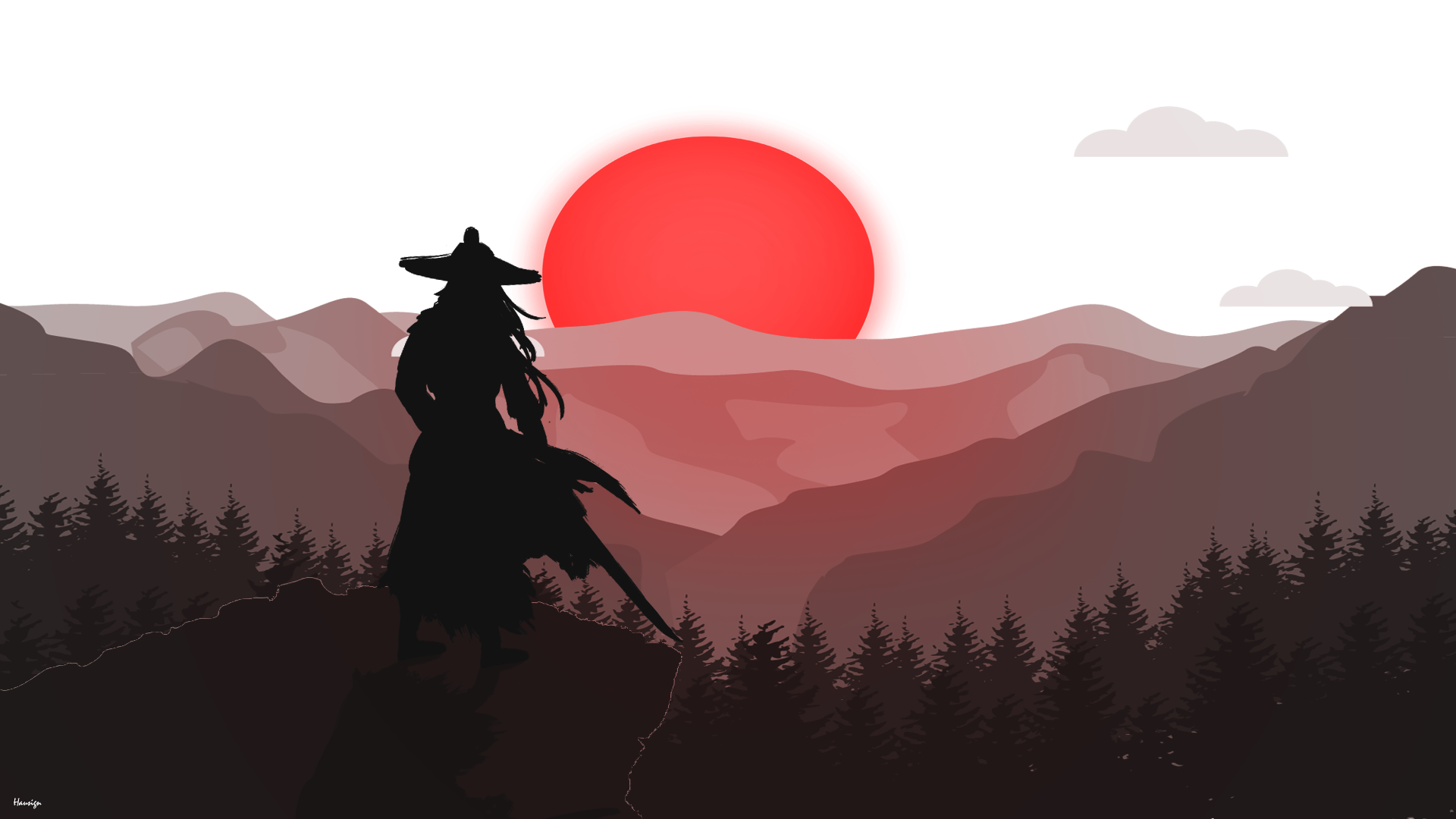 Samurai silhouette against a red sun and mountains HD Wallpaper