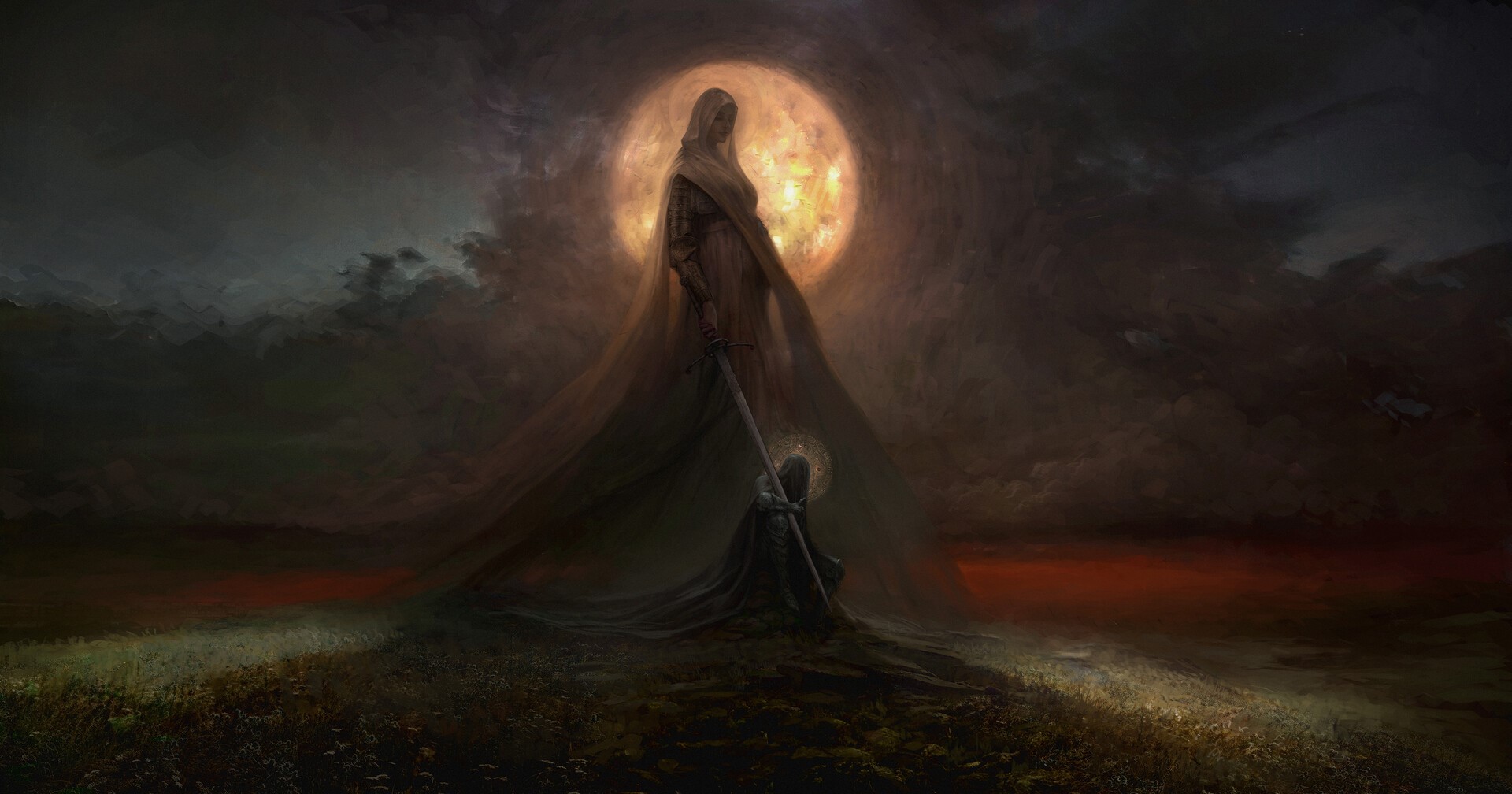 Artwork of a cloaked figure and a kneeling figure before a large moon HD Wallpaper