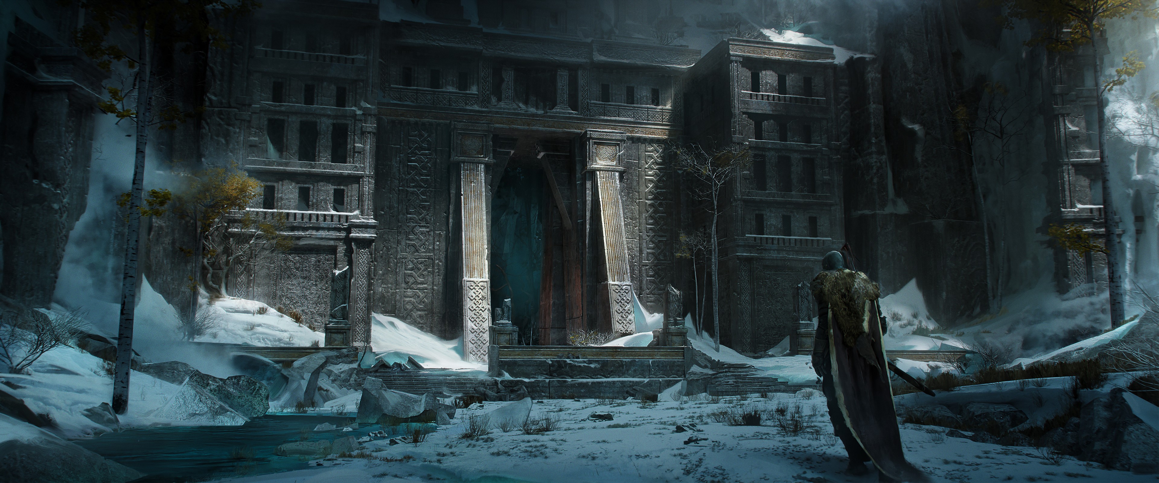 Fantasy art of a warrior in a snowy landscape HD Wallpaper