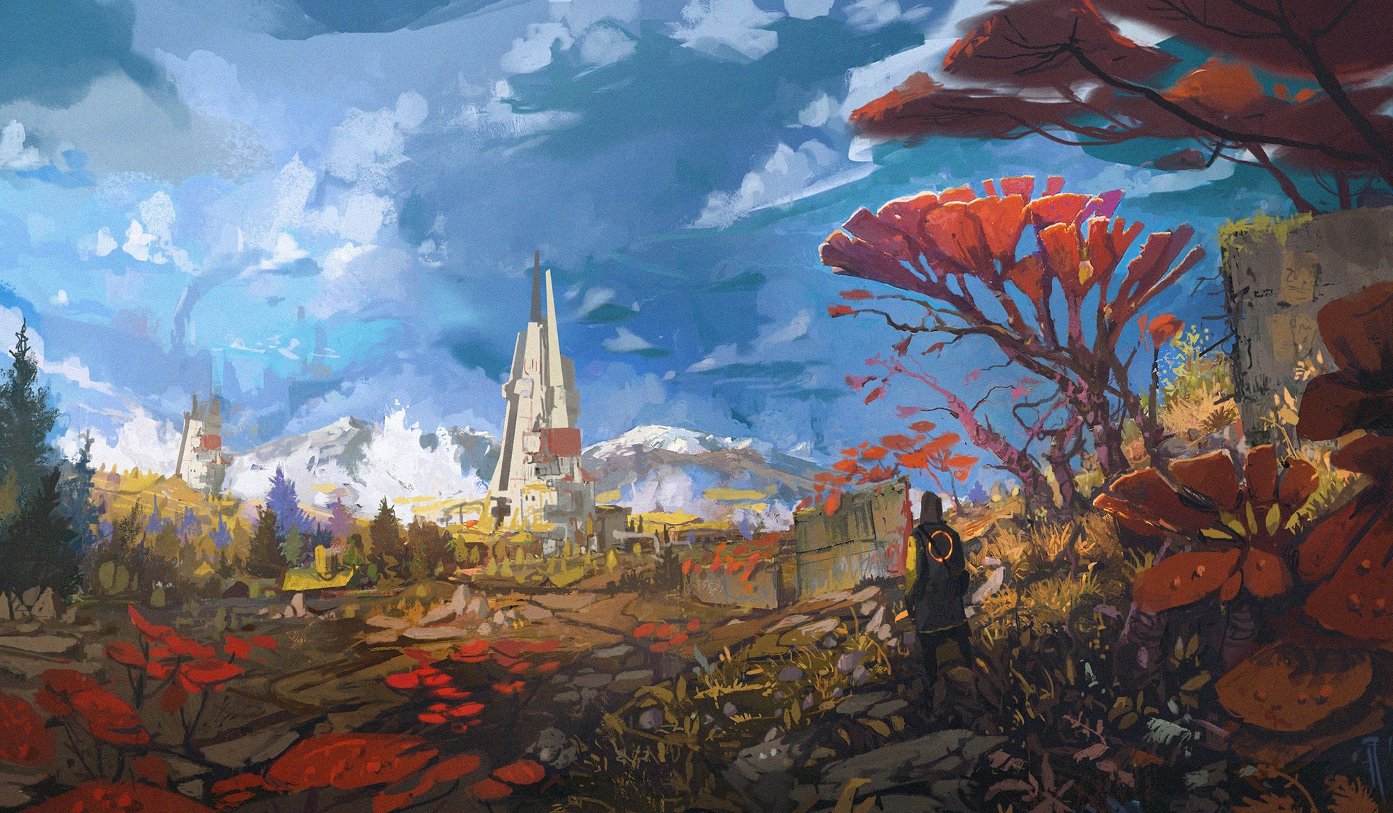 Fantasy landscape with alien plants and futuristic city HD Wallpaper