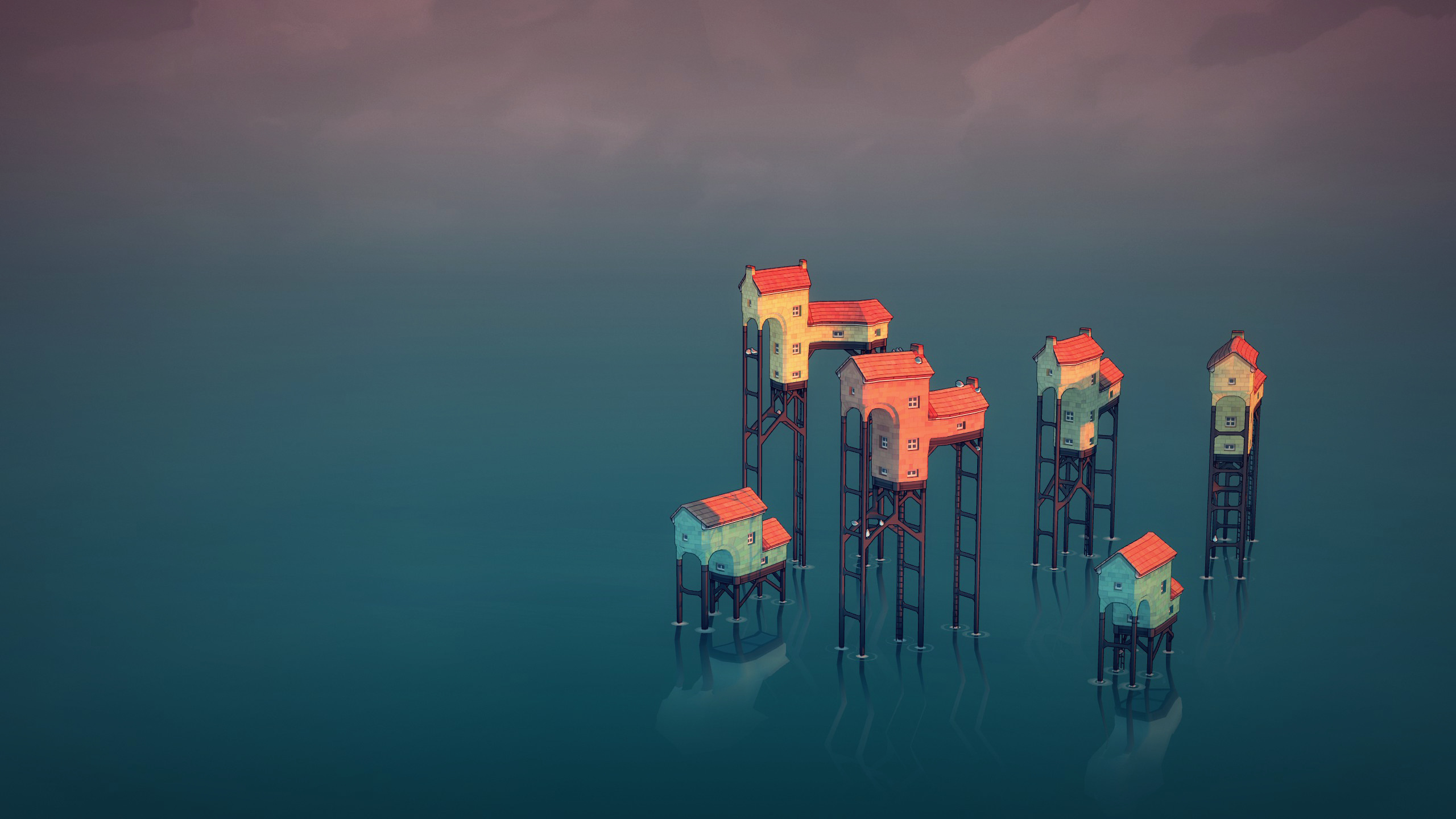 Townscaper video game art with houses on stilts HD Wallpaper