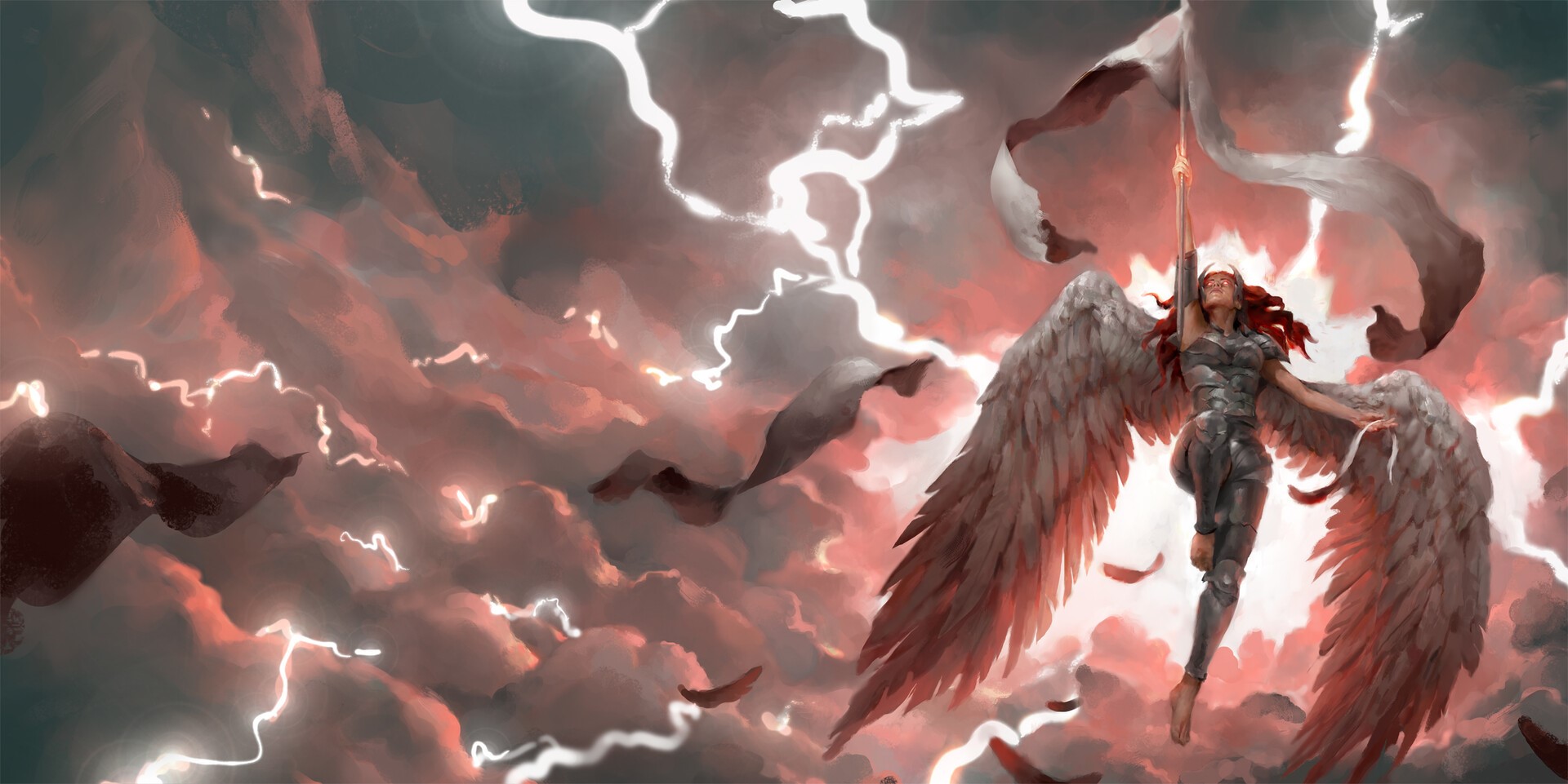 Angel with wings holding a spear in a stormy sky HD Wallpaper