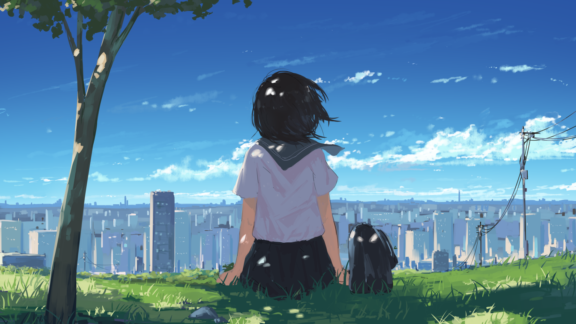 Anime girl and creature overlooking cityscape HD Wallpaper