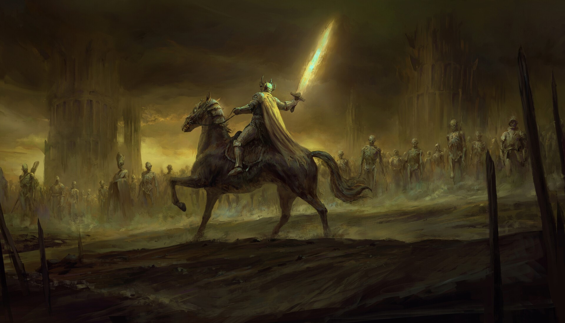 Knight on horseback with glowing sword and undead army HD Wallpaper
