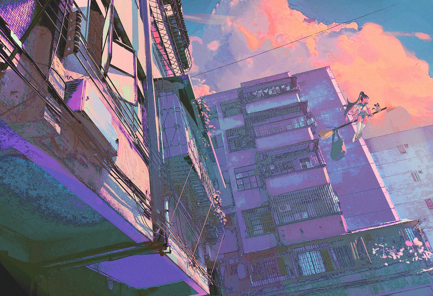 Anime girl on a broom flying past apartment buildings at sunset HD Wallpaper