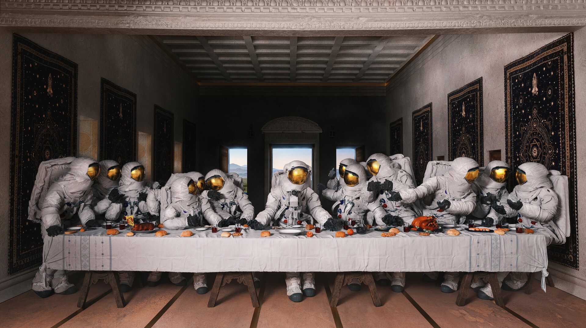 Astronauts in a parody of The Last Supper HD Wallpaper