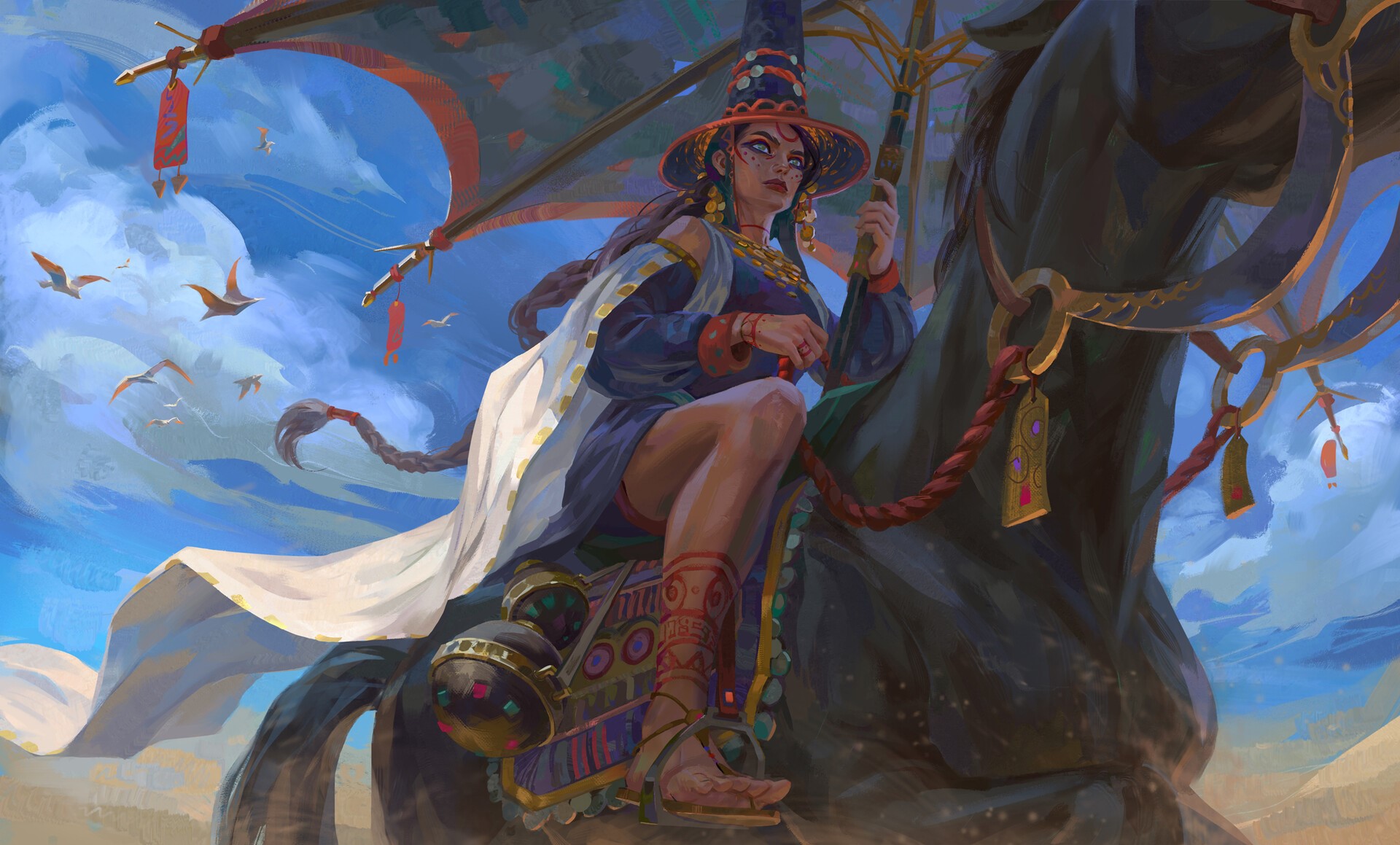 Fantasy girl on a horse with a parasol HD Wallpaper