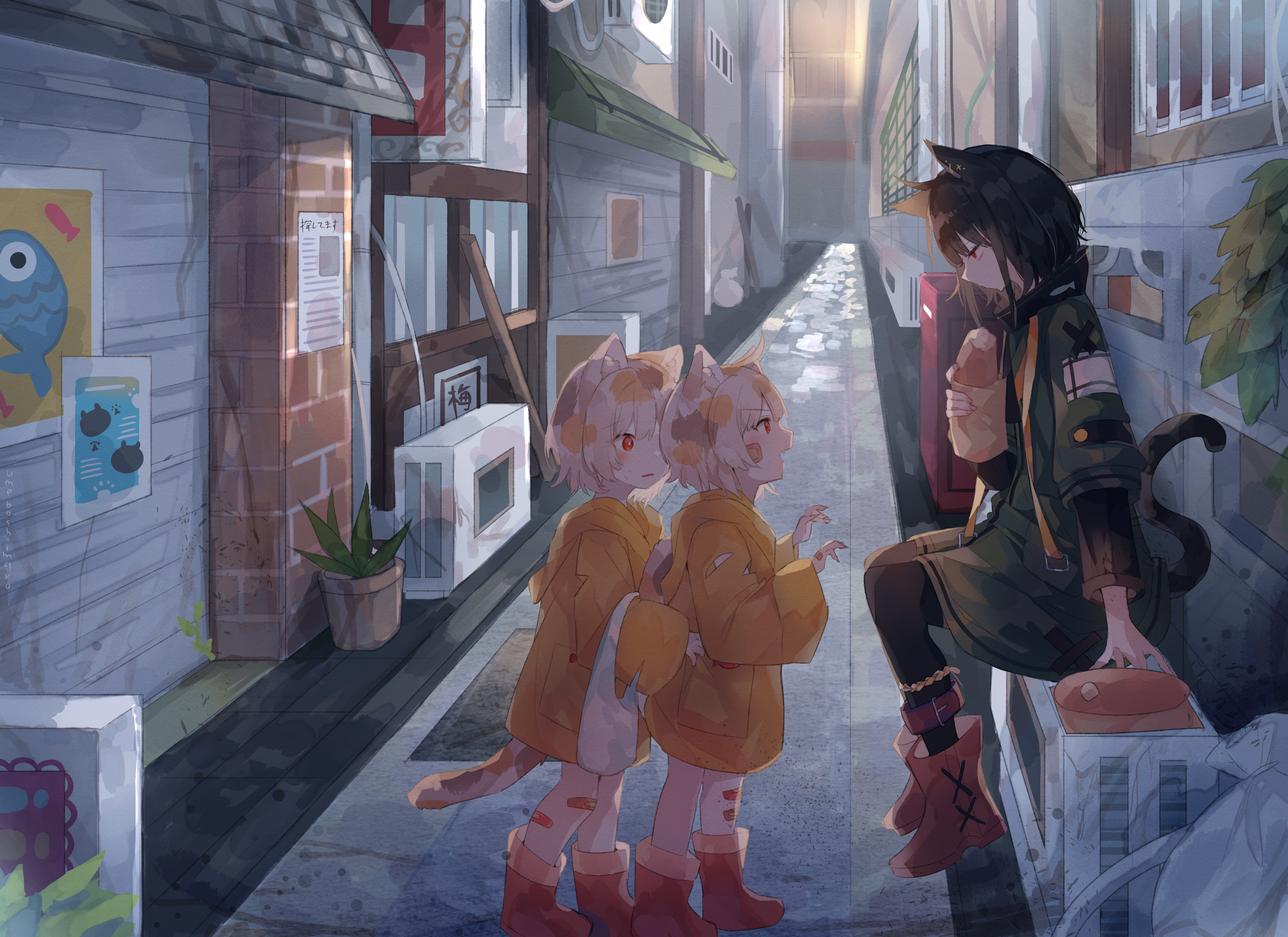 Anime cat girls in a Japanese alleyway at dusk HD Wallpaper