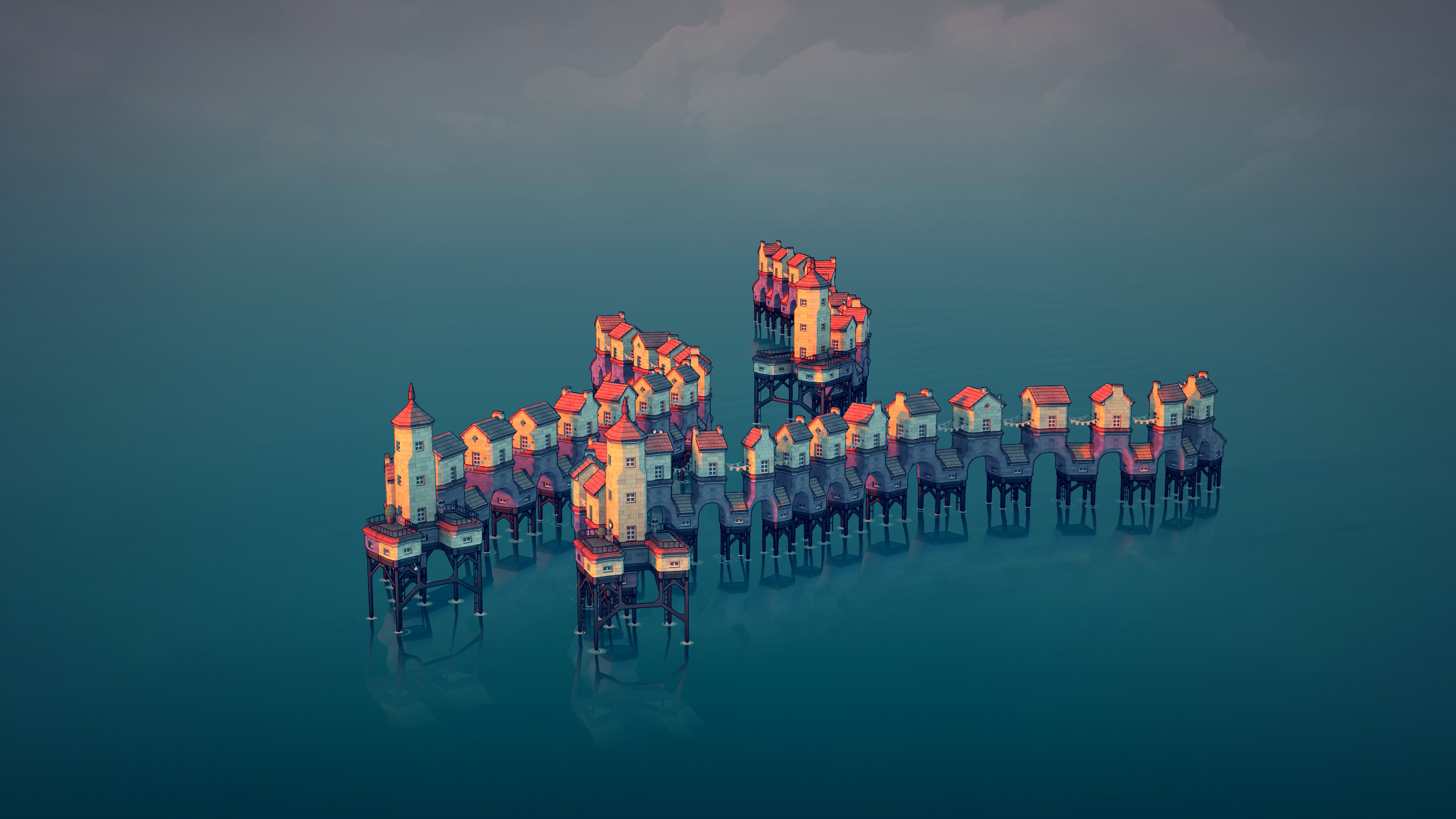 Townscaper video game art of stilted houses on water HD Wallpaper