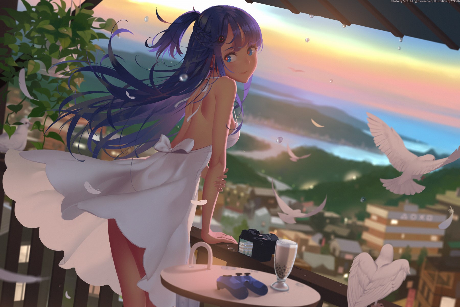 Anime girl with blue hair and dress on balcony HD Wallpaper