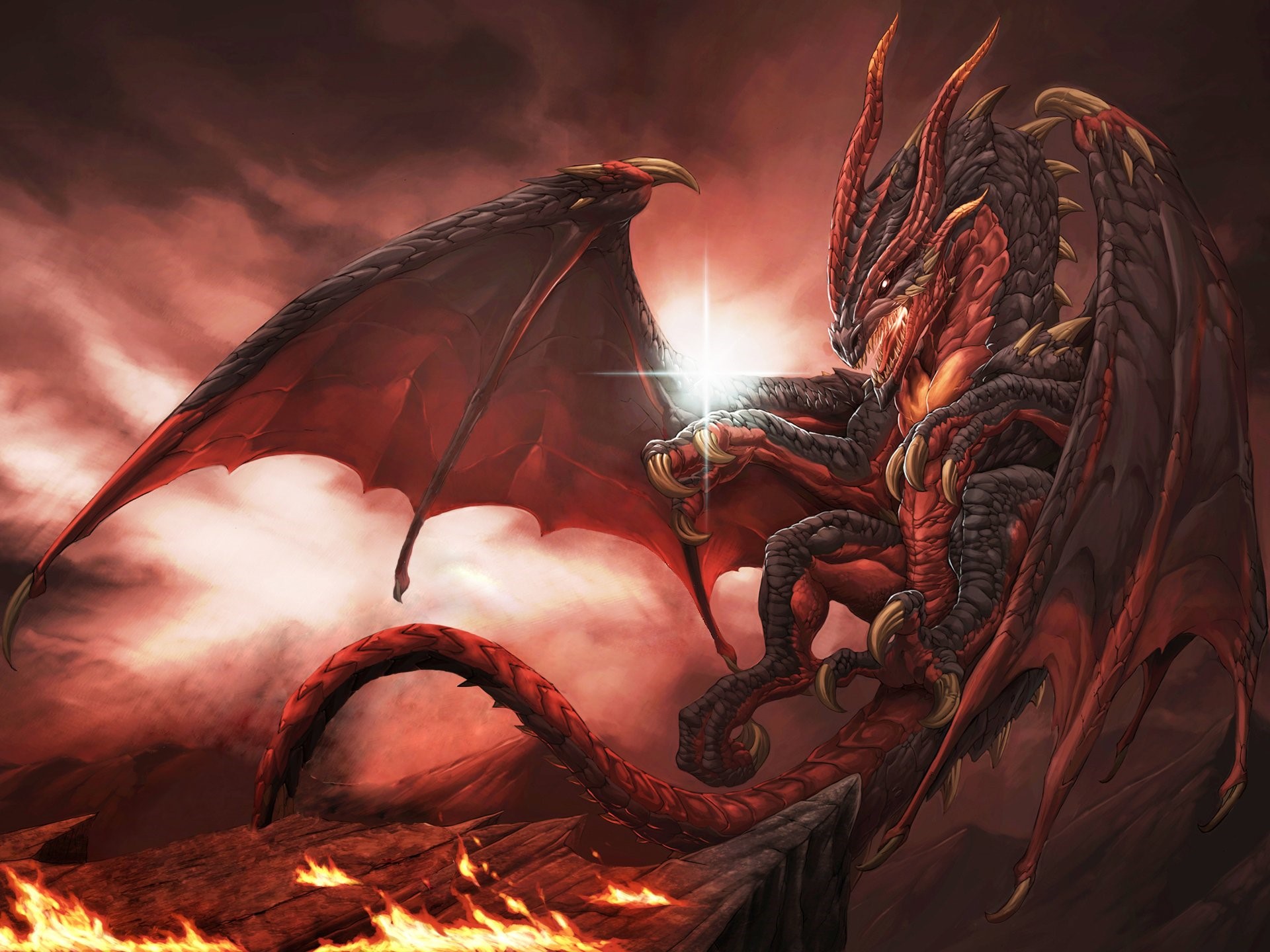 Red and black dragon with glowing gem HD Wallpaper