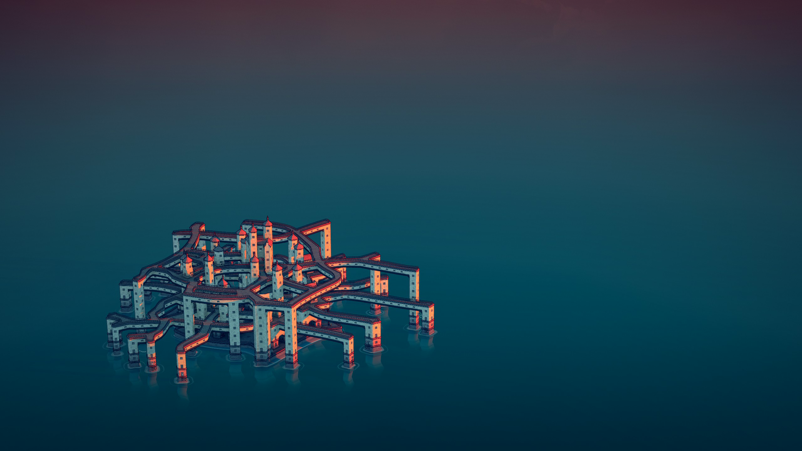 Townscaper video game art with evening glow HD Wallpaper