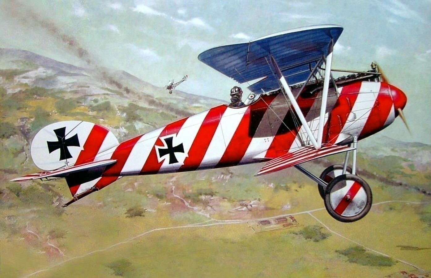 Red and white striped biplane in flight HD Wallpaper