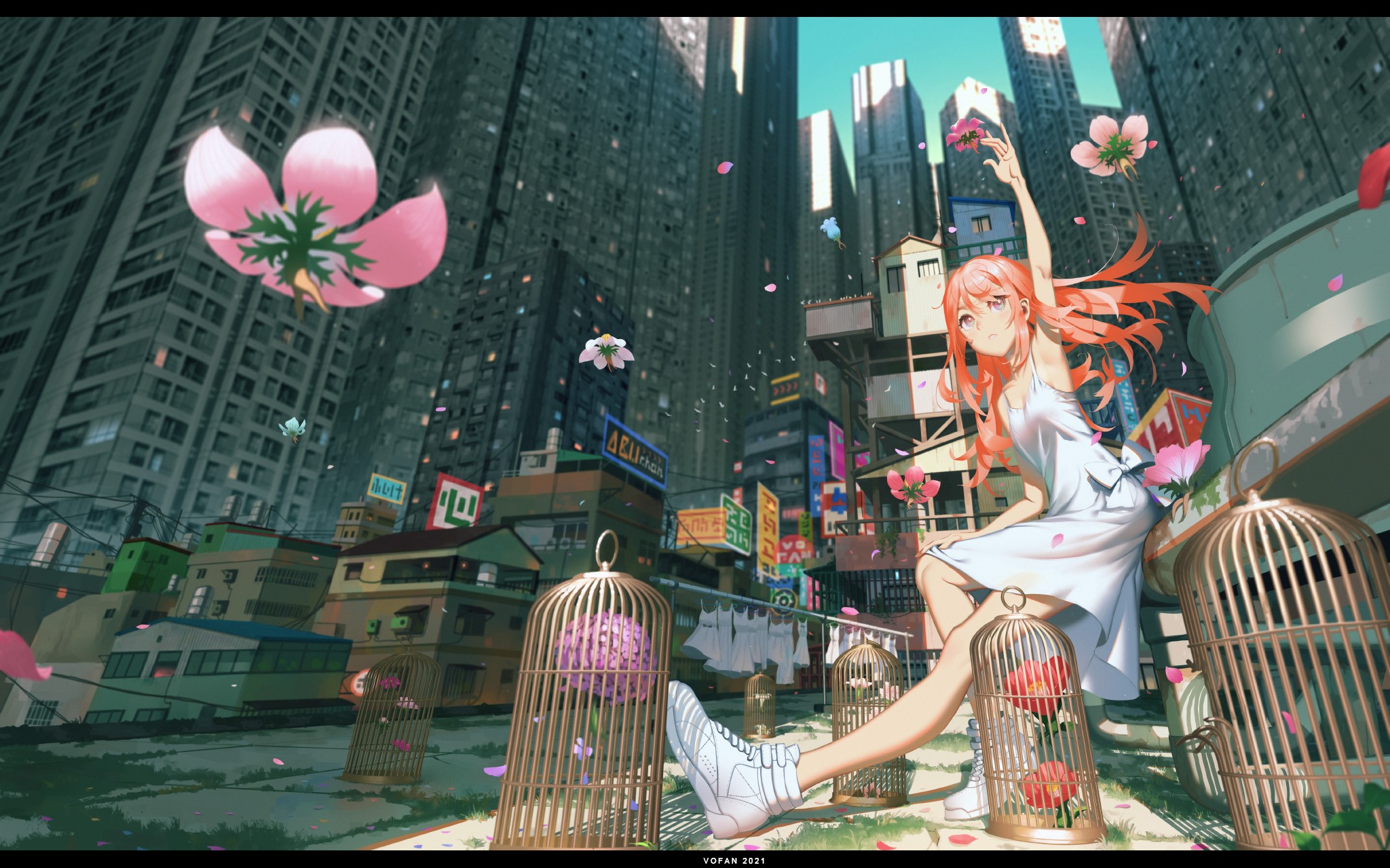Anime girl with flowers in a cityscape HD Wallpaper