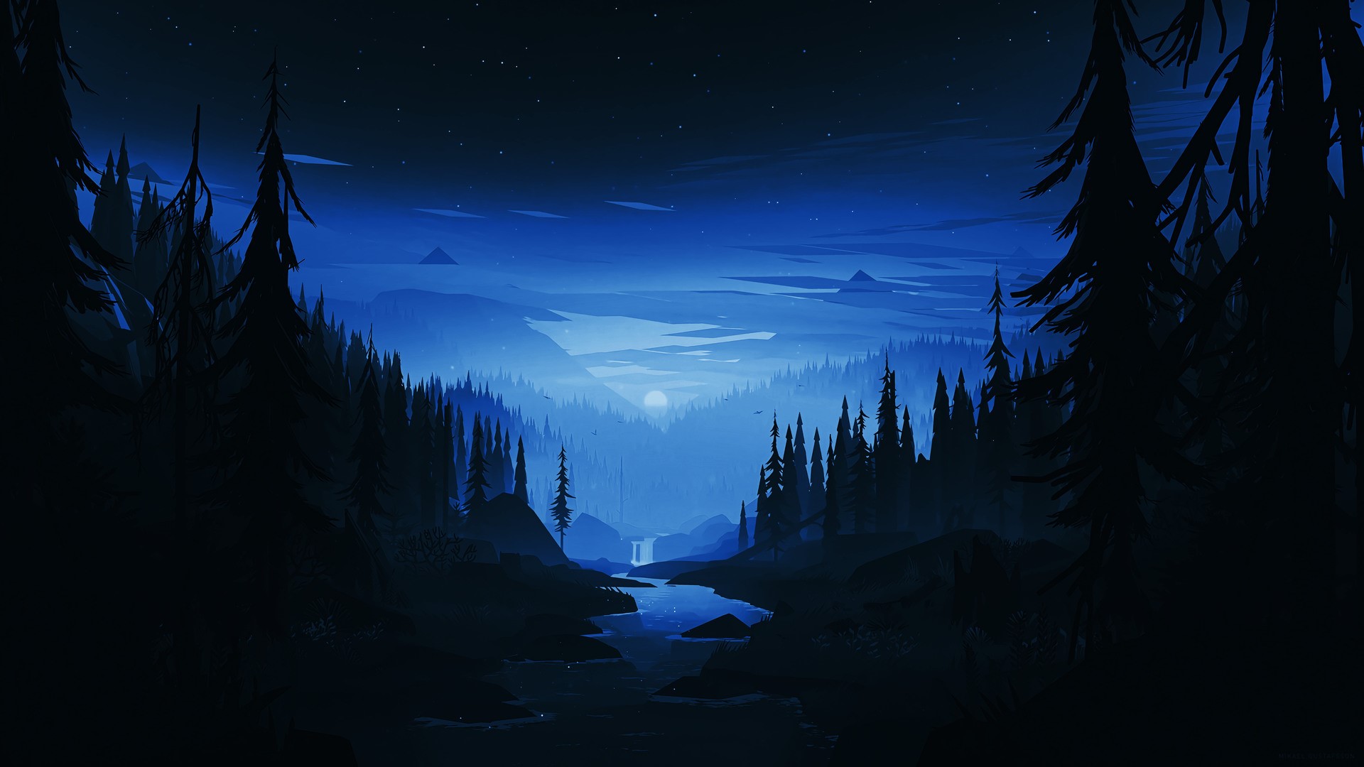 Night forest with a river and mountains HD Wallpaper