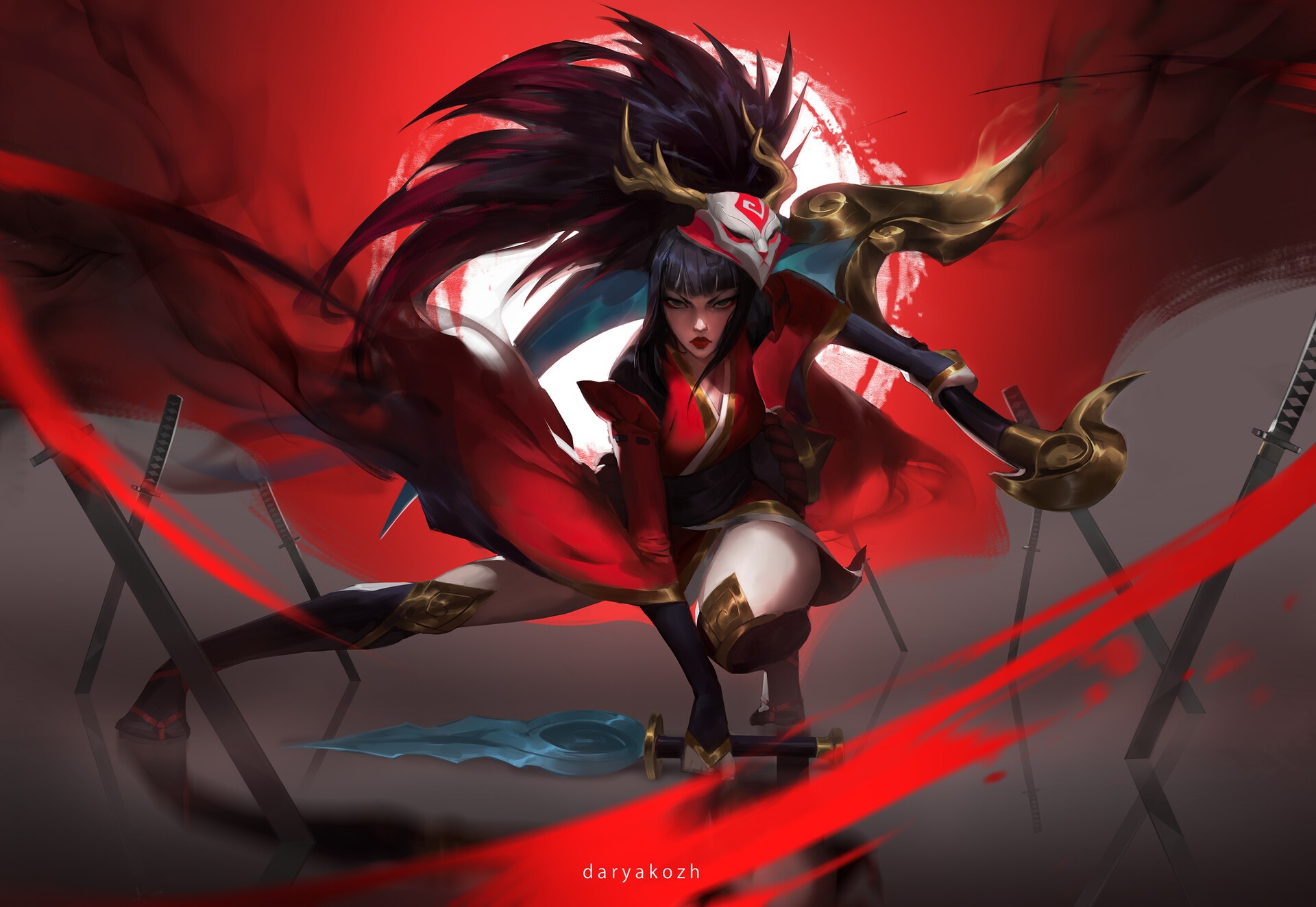 Akali from League of Legends with mask and swords HD Wallpaper