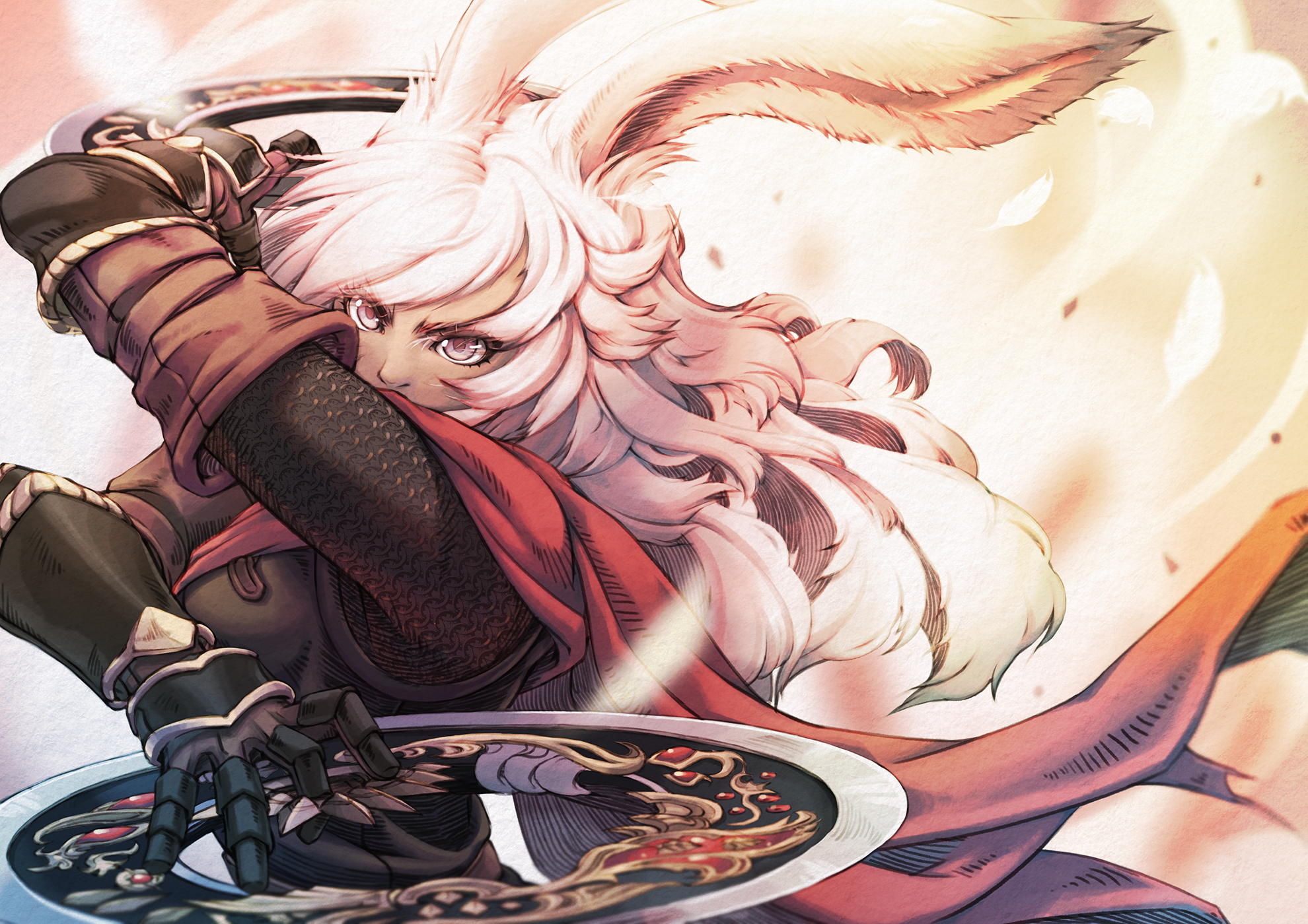 Anime girl with white hair and animal ears holding chakram HD Wallpaper