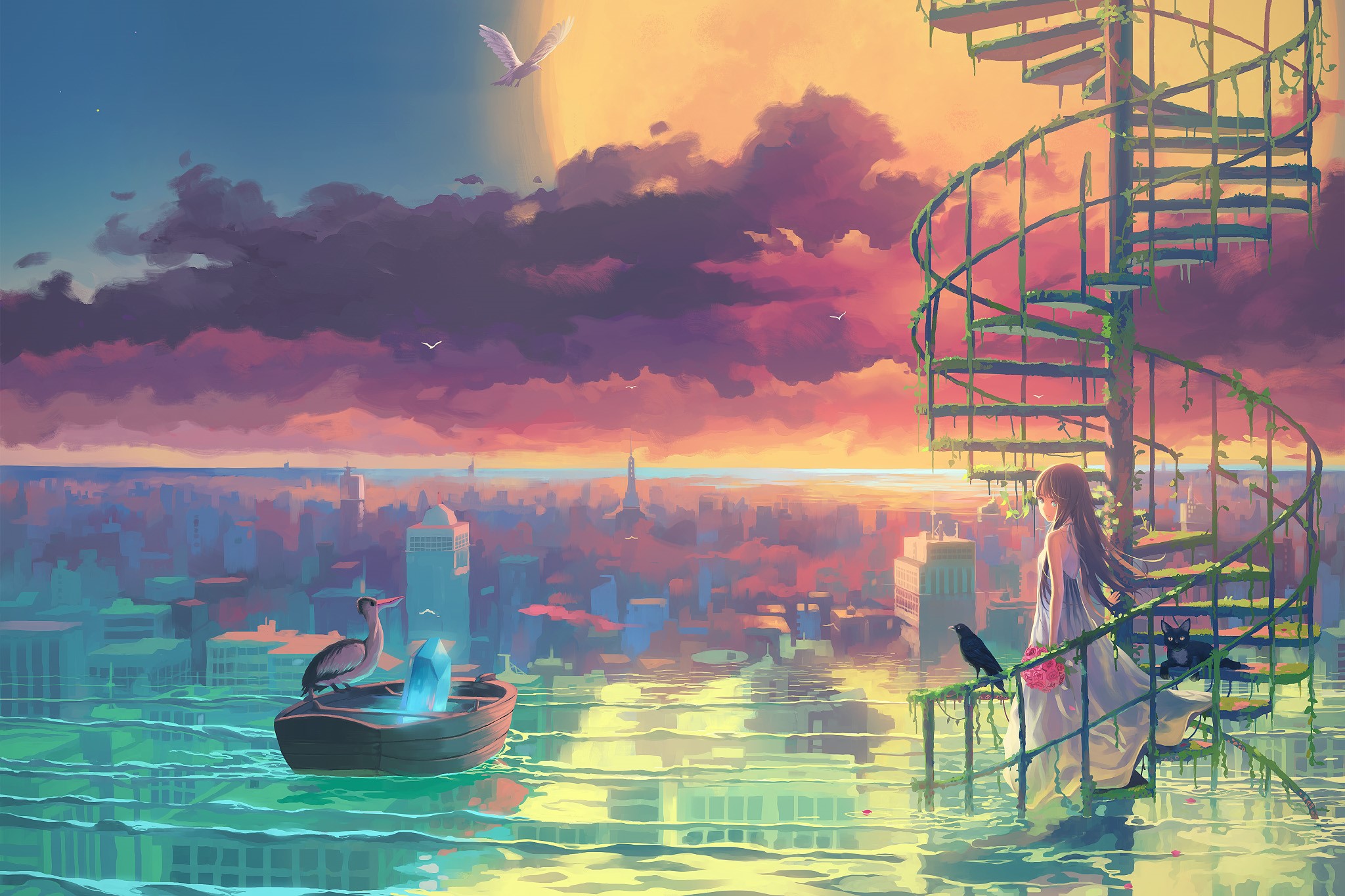 Anime girl on spiral stairs overlooking flooded cityscape at sunset HD Wallpaper
