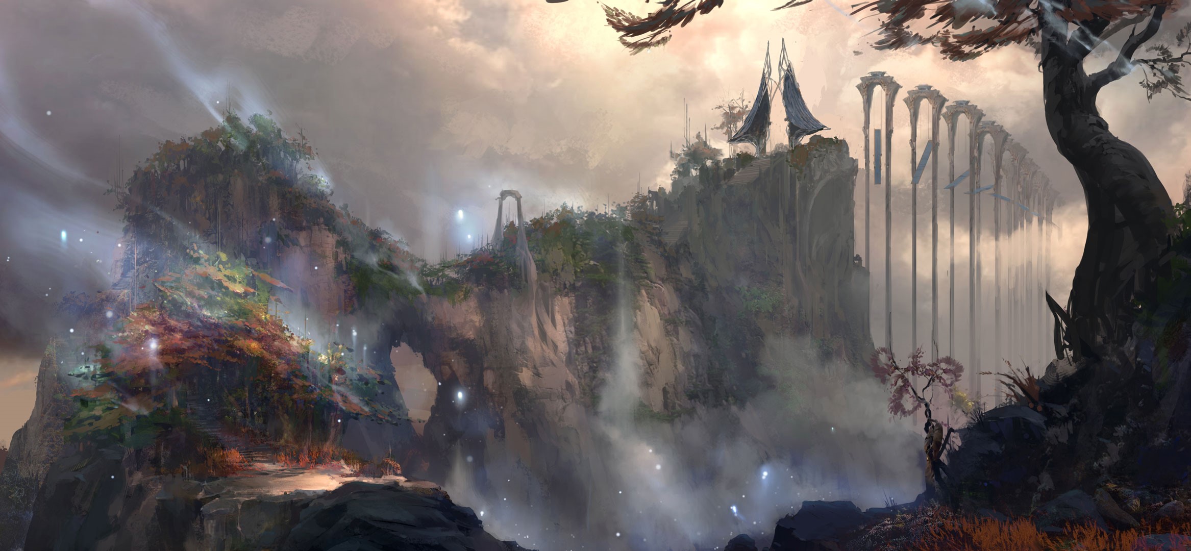Fantasy landscape with ancient ruins and glowing lights HD Wallpaper
