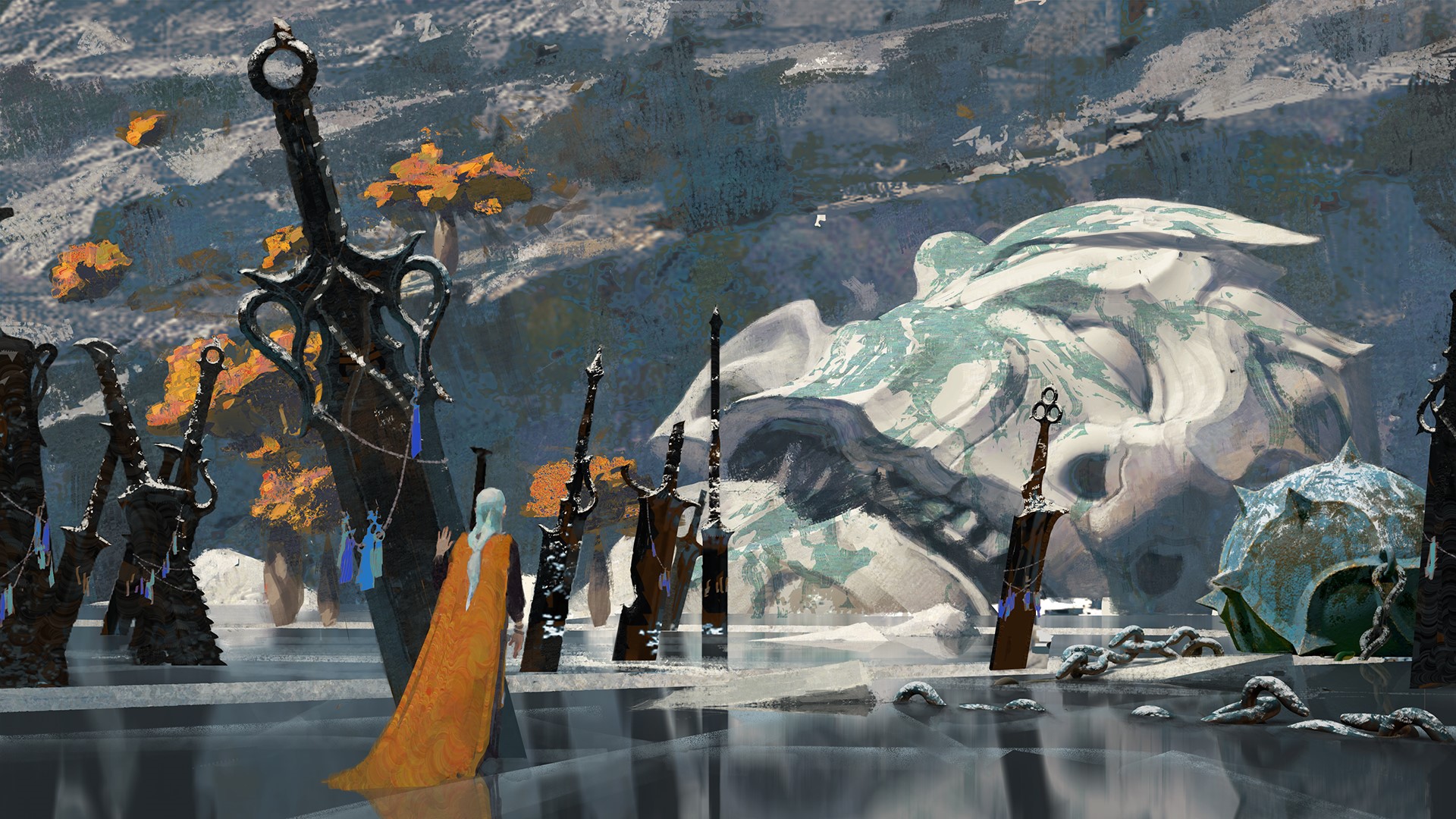 Fantasy landscape with swords and statue HD Wallpaper