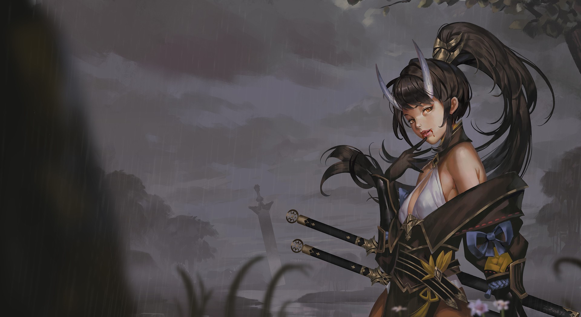 Fantasy girl with horns and swords in the rain HD Wallpaper