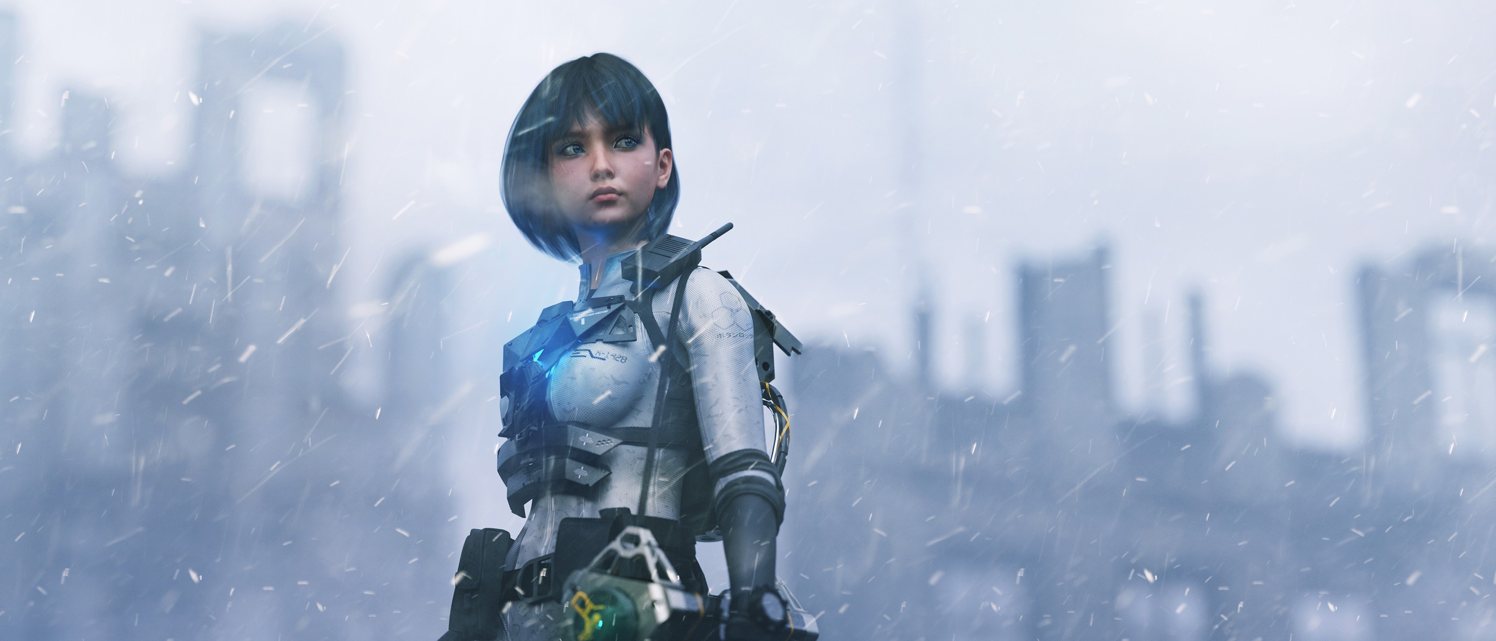 Science fiction woman in armor in a snowy city HD Wallpaper