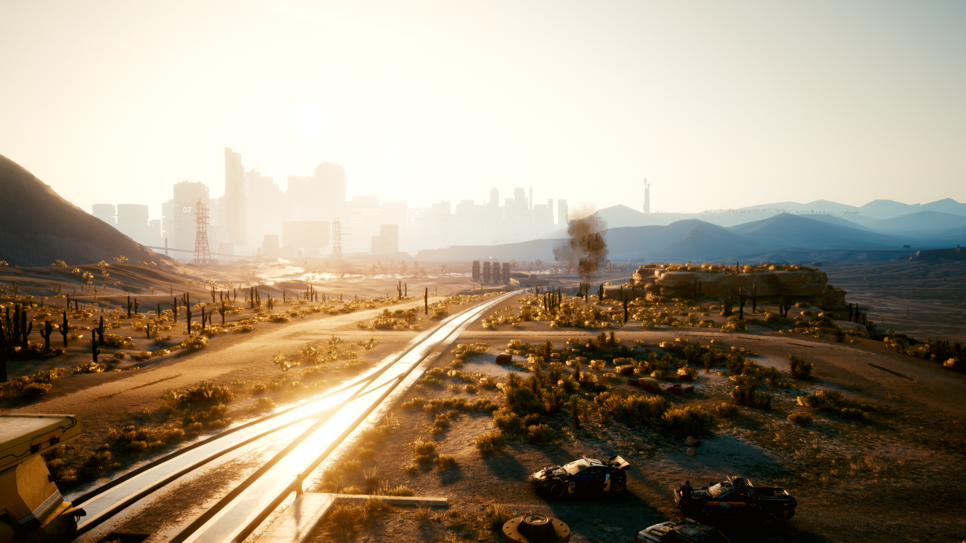 Cyberpunk 2077 desert landscape with city skyline HD Wallpaper
