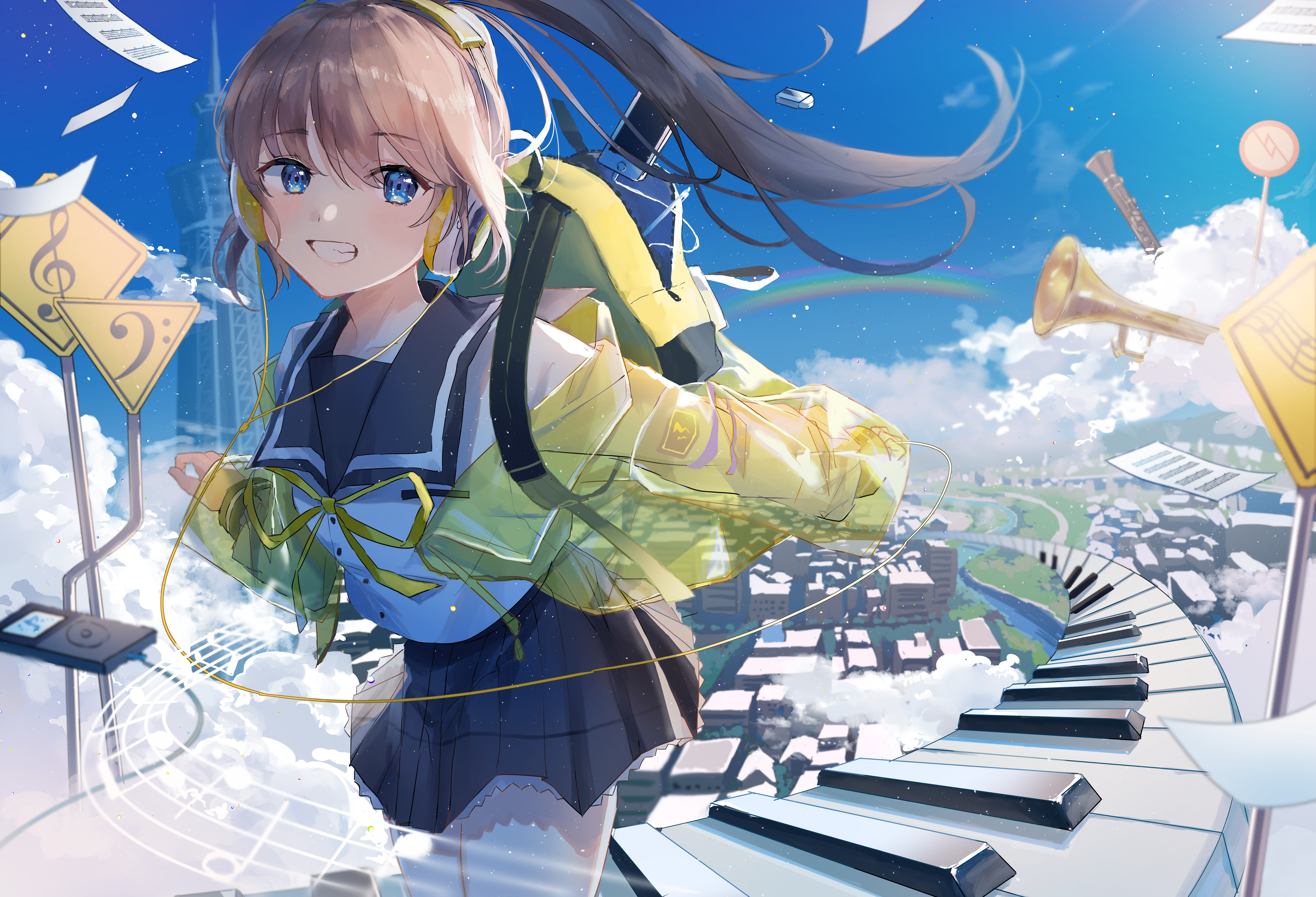 Anime girl with headphones and backpack in cityscape HD Wallpaper