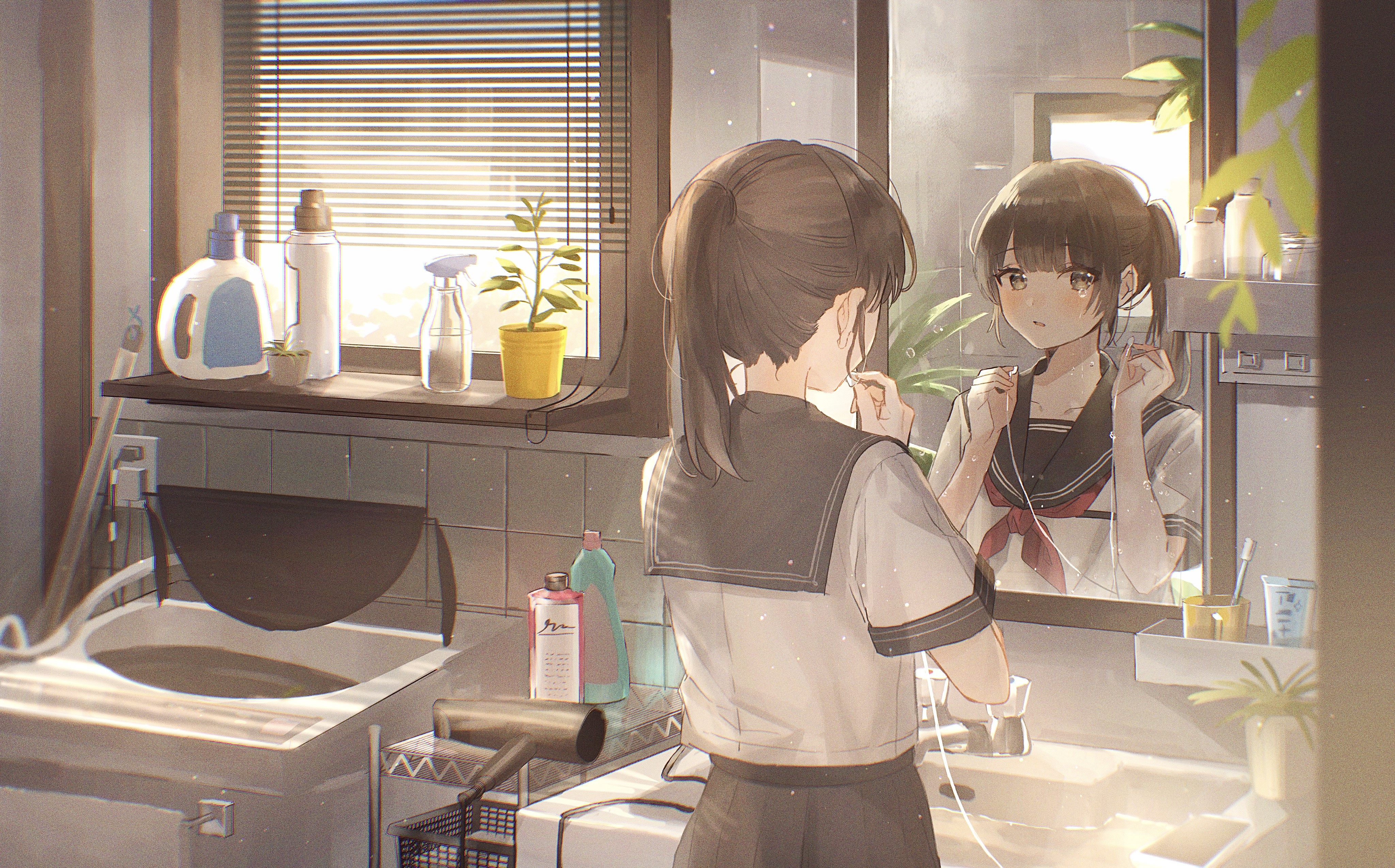 4K Anime Girl with Ponytail in School Uniform HD Wallpaper