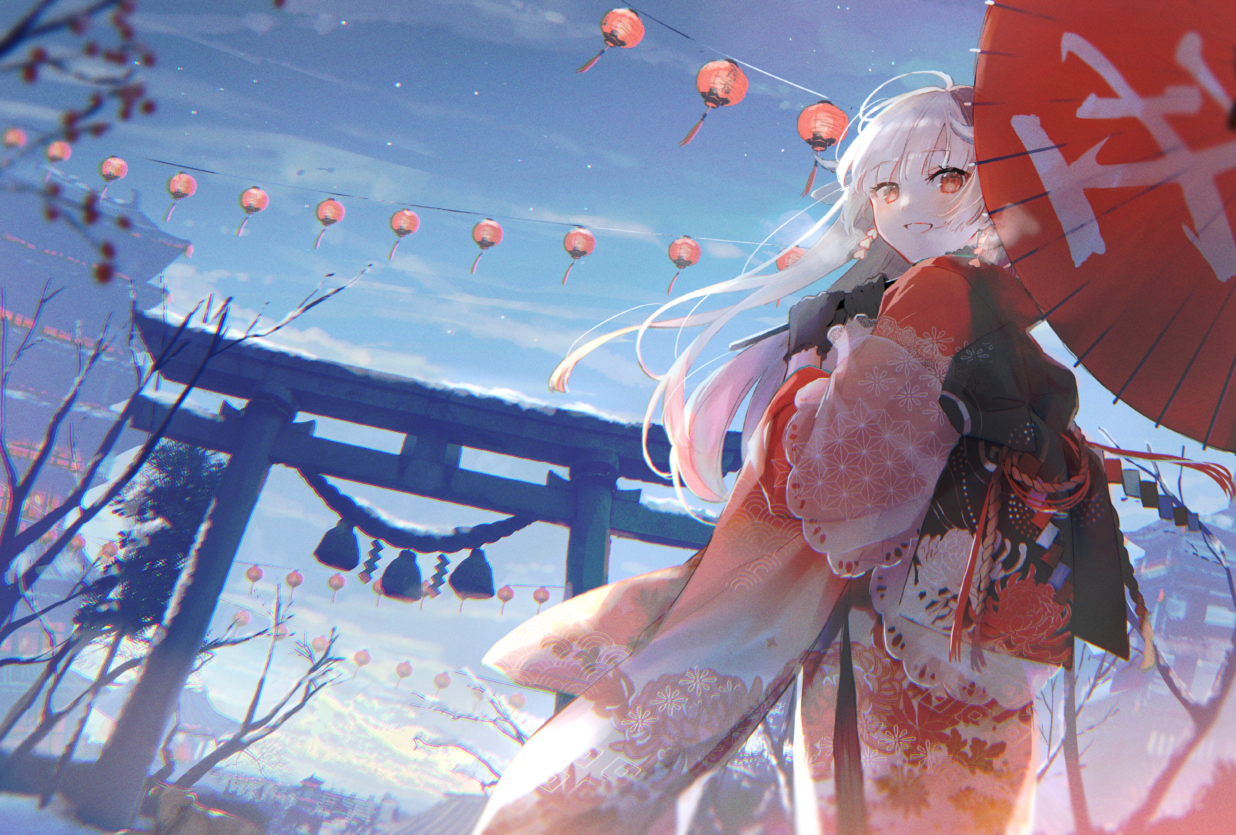 Anime girl in kimono with umbrella near torii gate HD Wallpaper