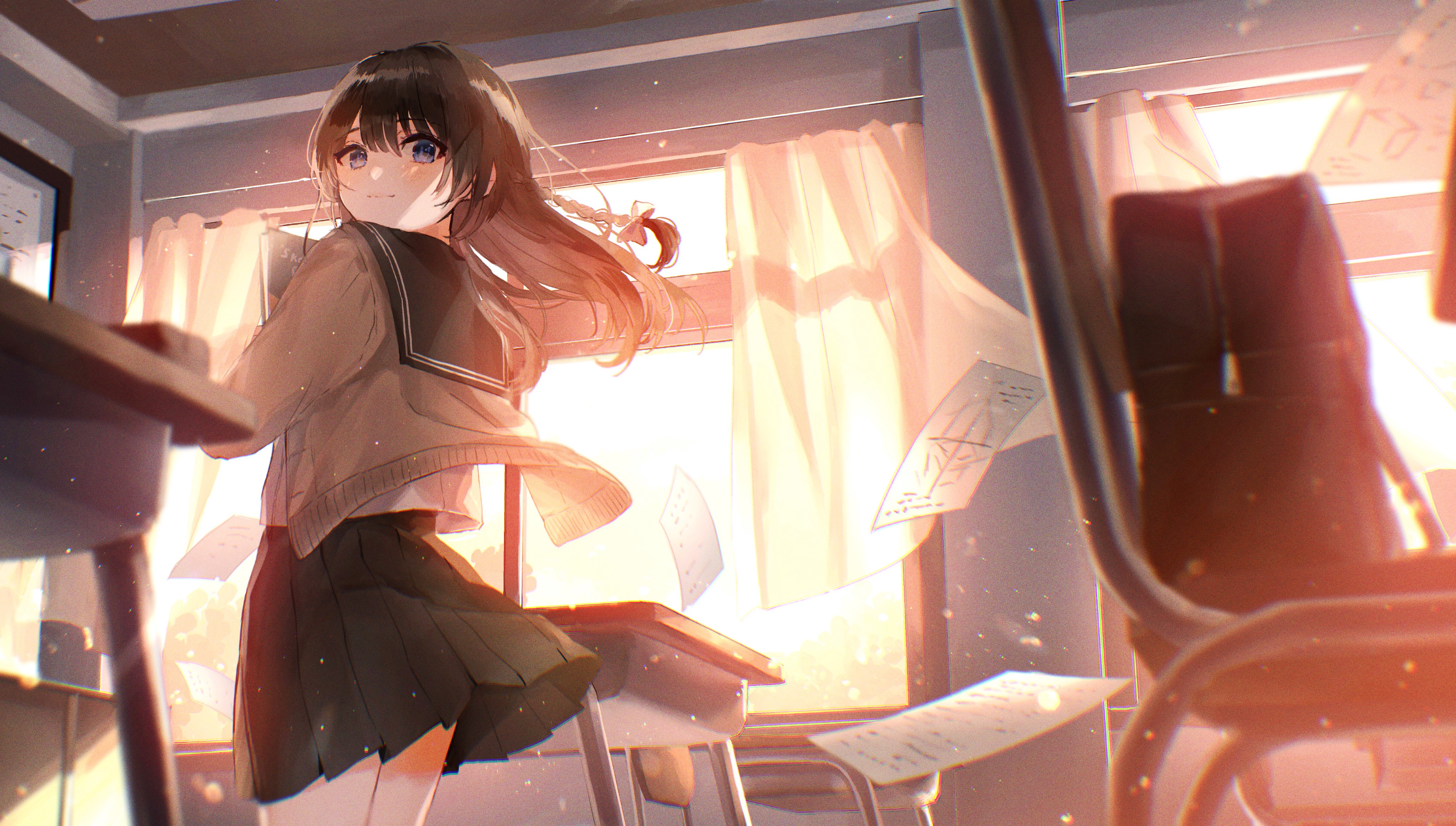 Anime girl in classroom with papers flying HD Wallpaper