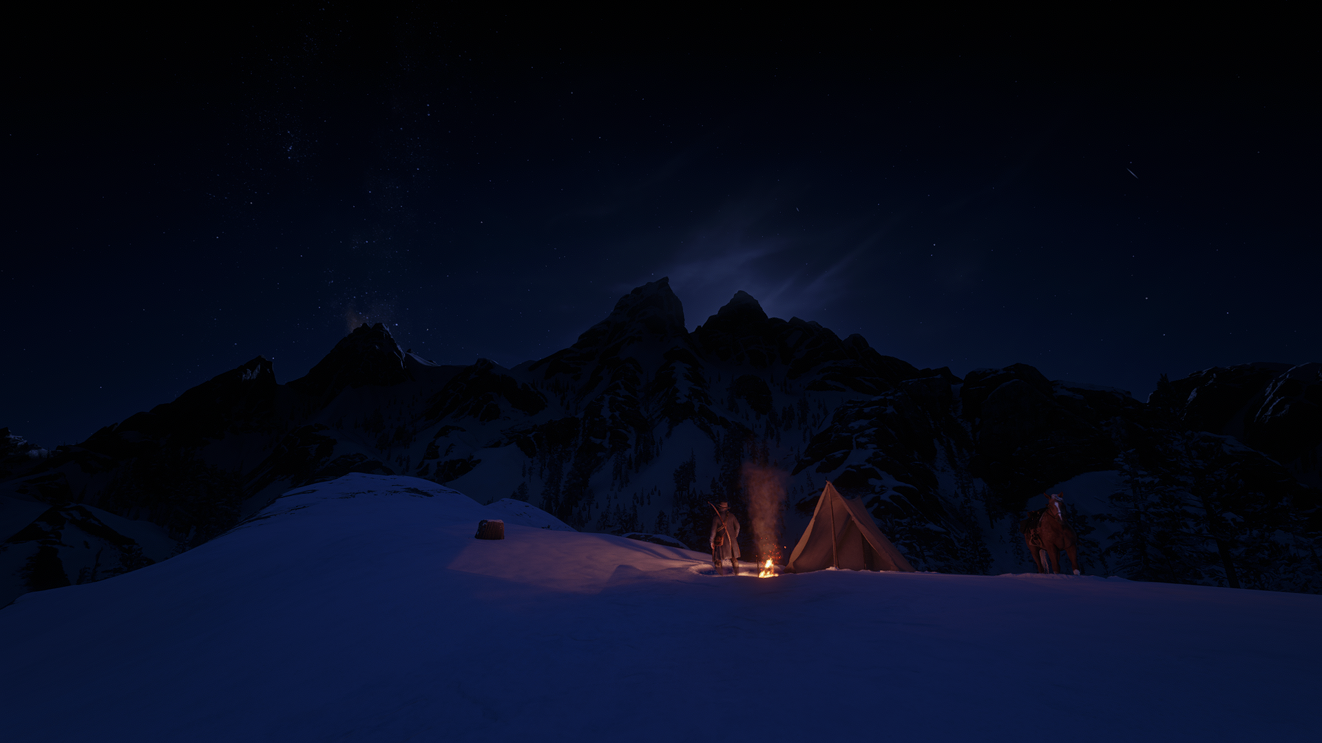 Man camping in snowy mountains at night in Red Dead Redemption 2 HD Wallpaper