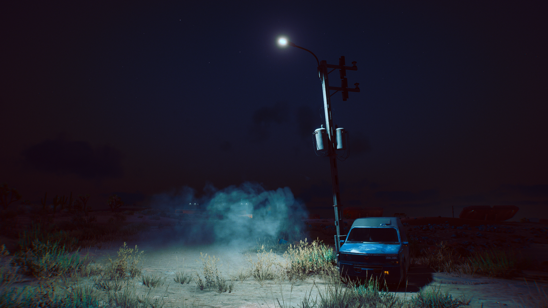 Cyberpunk 2077: Street light in a desert at night HD Wallpaper