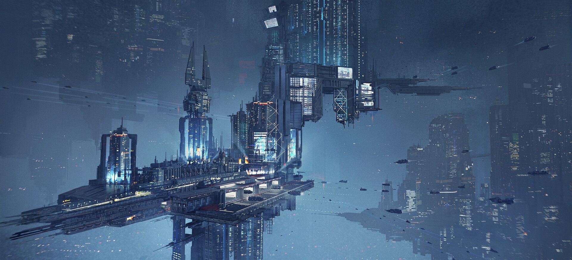 Futuristic city with flying vehicles by Victor Fritsch HD Wallpaper
