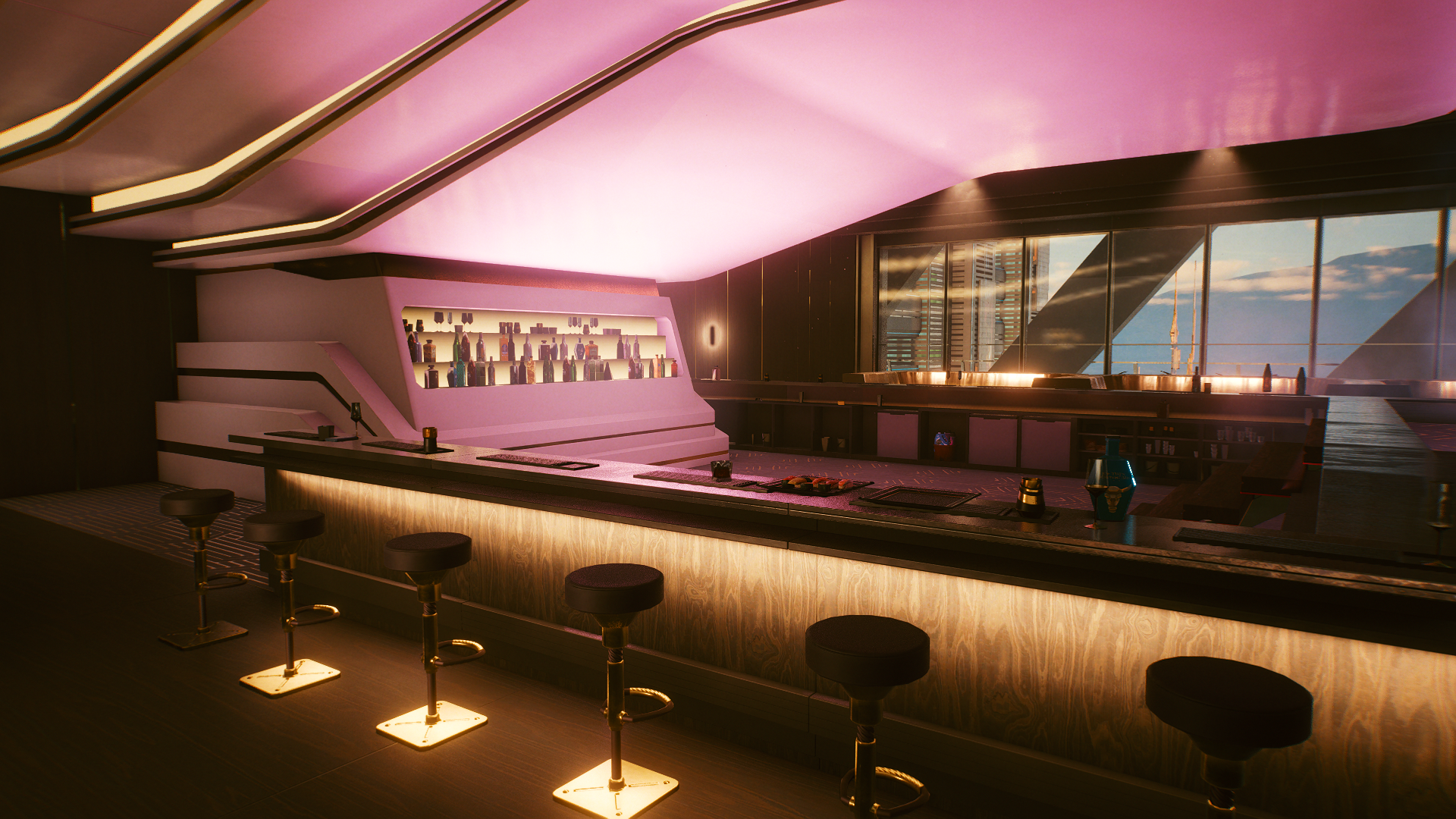Cyberpunk 2077 bar interior with pink lighting HD Wallpaper