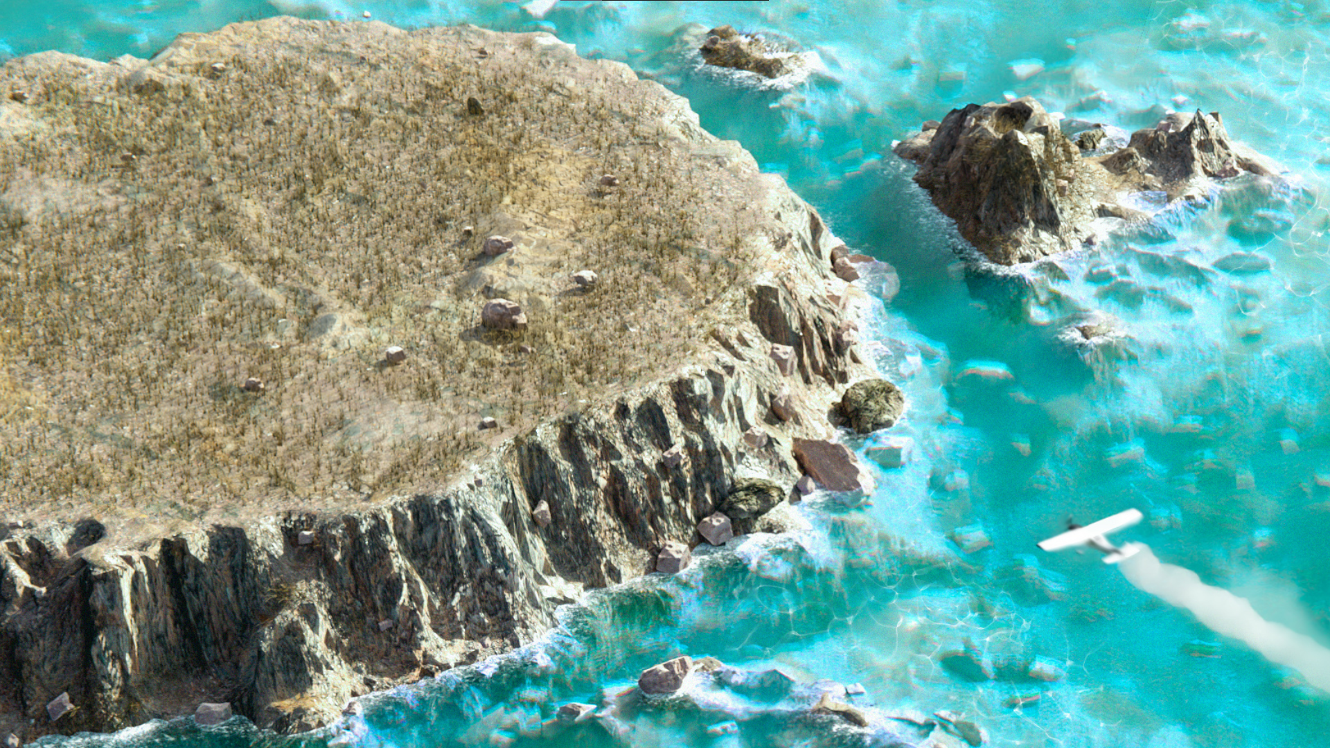 Aerial view of an island with a small plane flying over the ocean HD Wallpaper