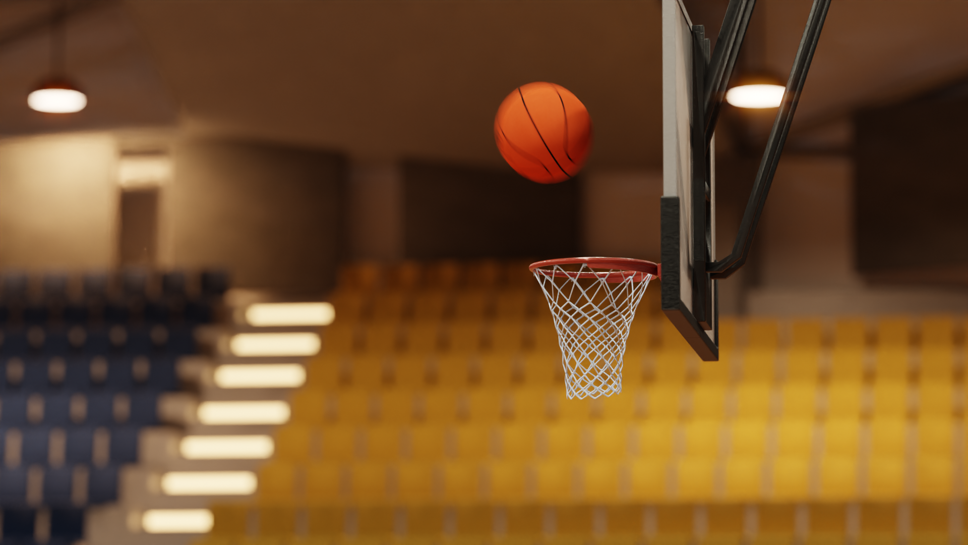Basketball in mid-air above a hoop on a court HD Wallpaper