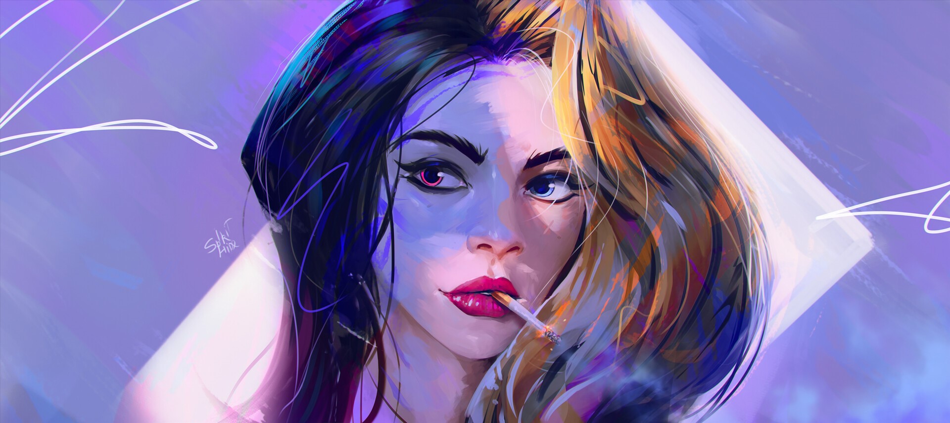 Woman with heterochromia smoking a cigarette HD Wallpaper