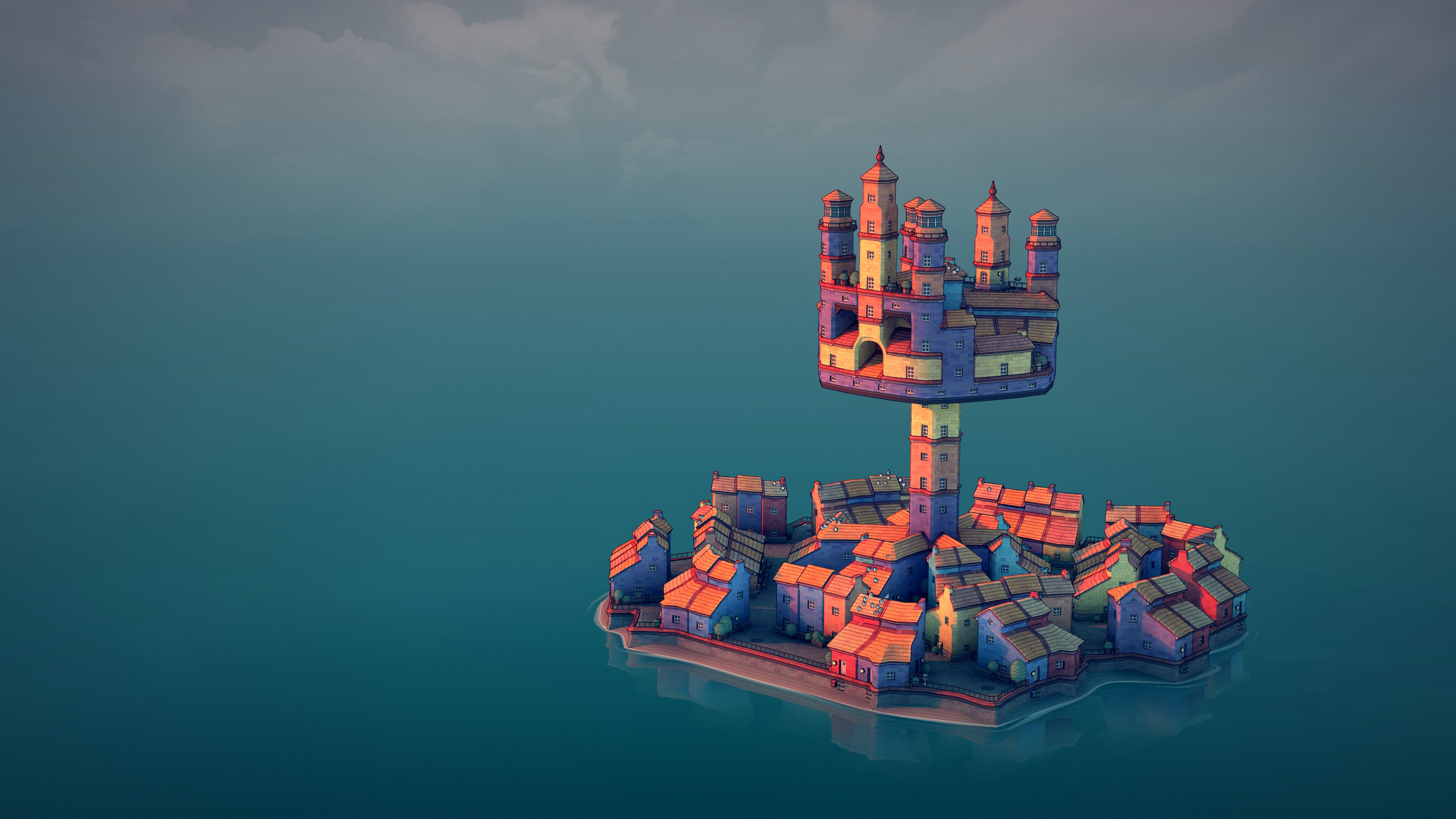 Floating castle above a colorful island town HD Wallpaper