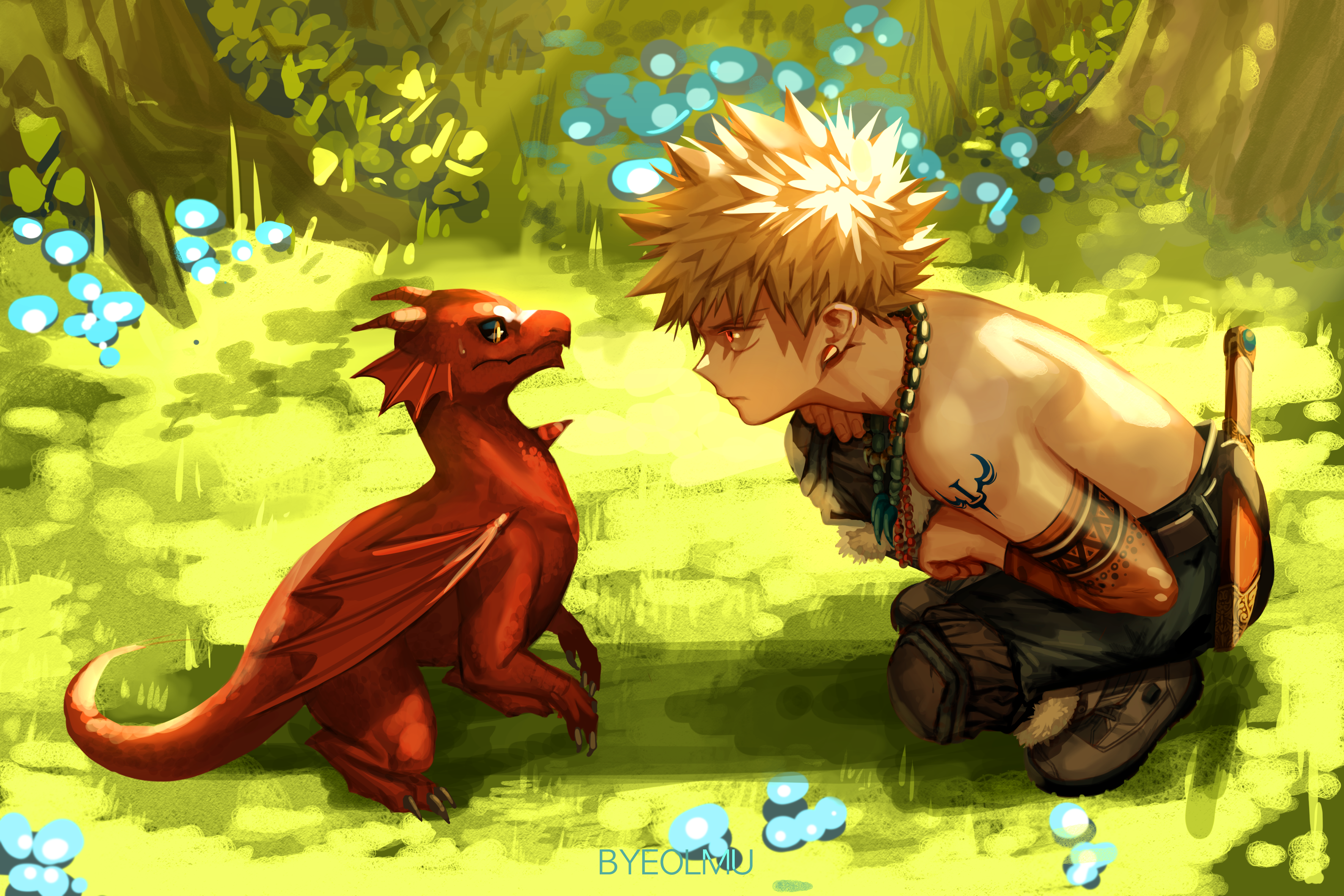 Katsuki Bakugou with Small Red Dragon in Forest HD Wallpaper
