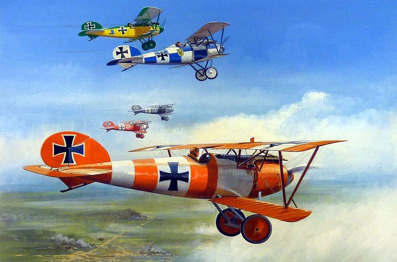World War I German biplanes in flight over a battlefield HD Wallpaper